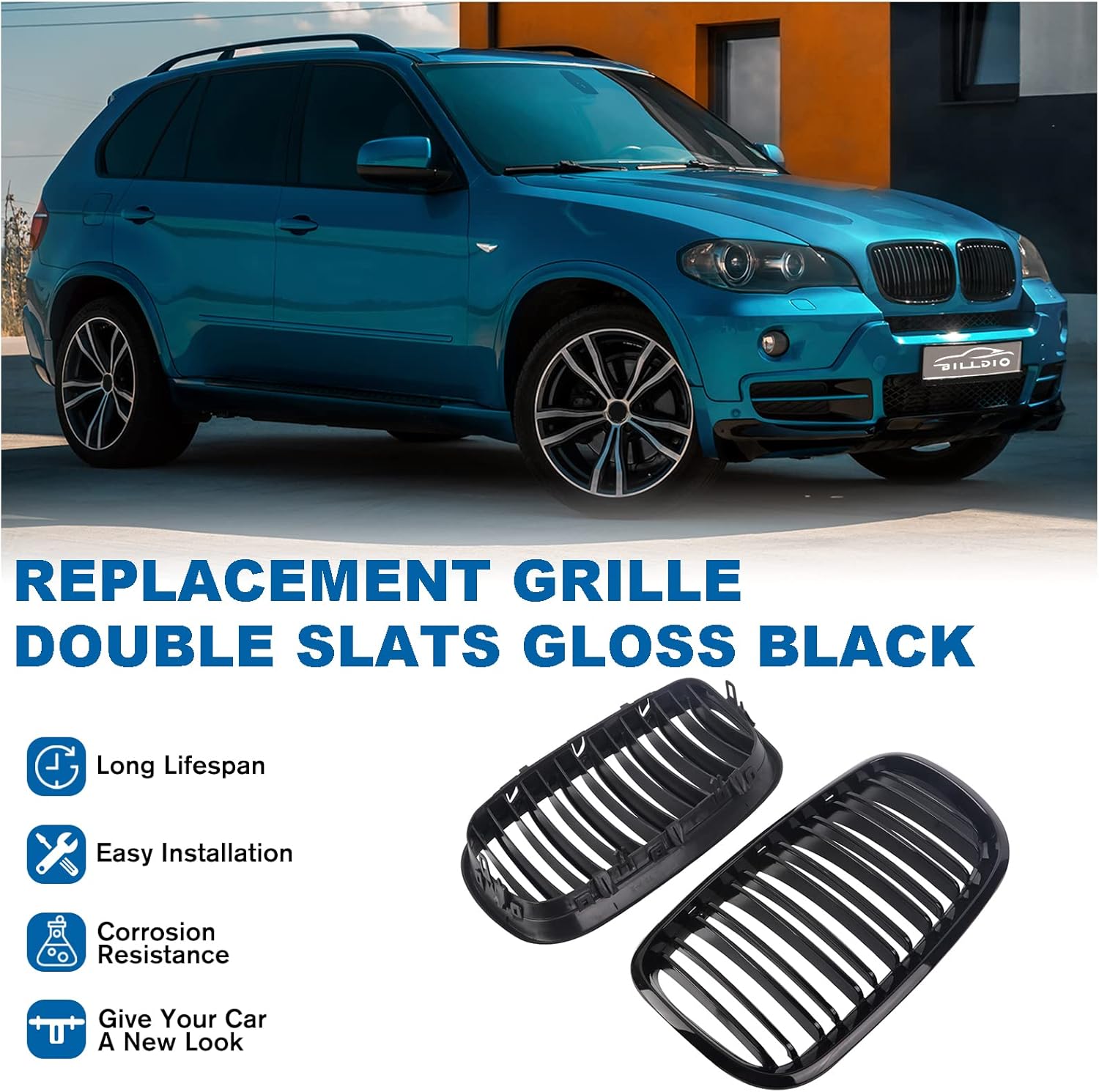 Parrilla de riñón para parachoques delantero, color negro brillante, compatible con BMW X5 E70 X6 E71 2007-2014 doble listón doble línea