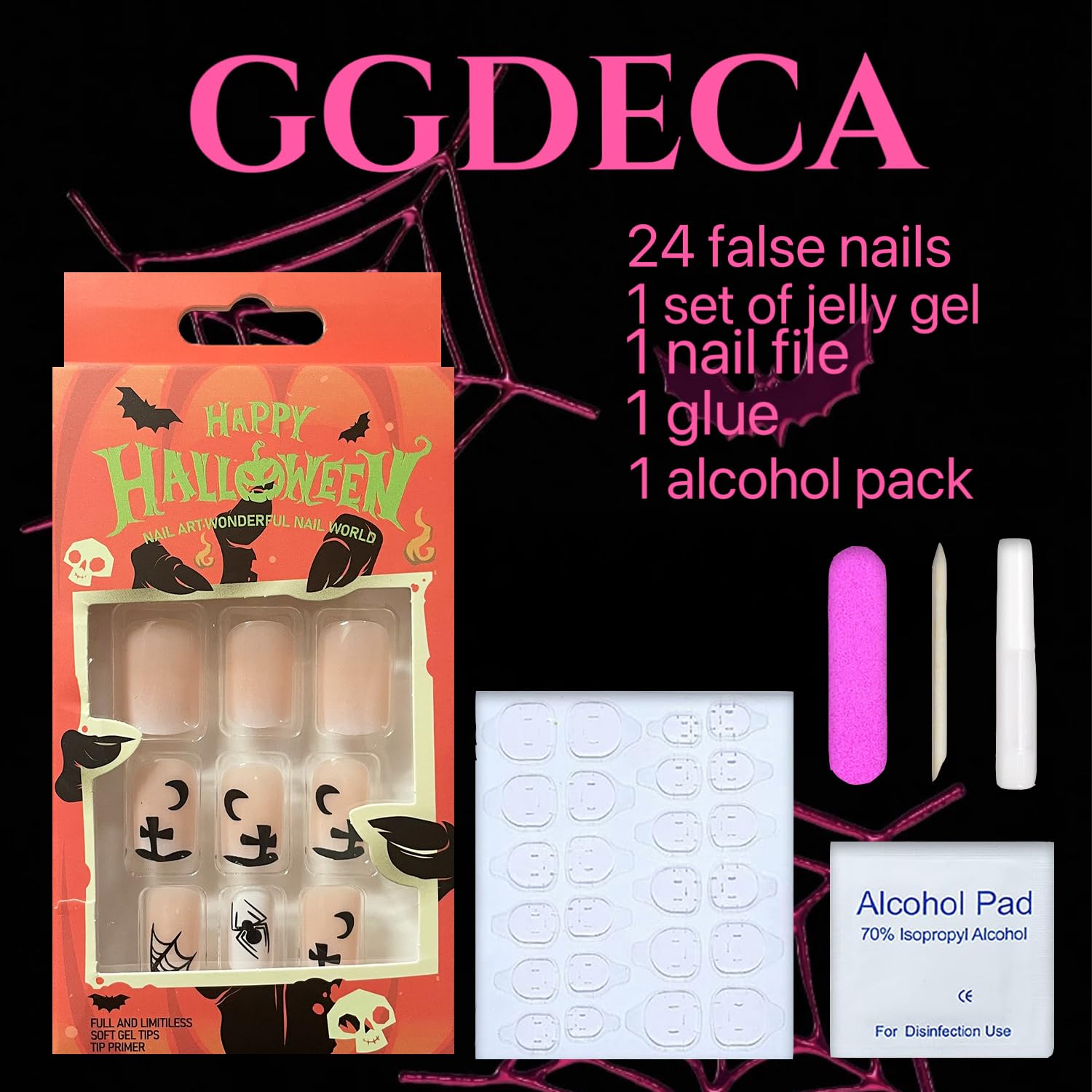 Uñas cortas a presión para Halloween, uñas postizas cuadradas negras nude, degradado, con telaraña, calabaza, luna, tumba con lindos diseños de
