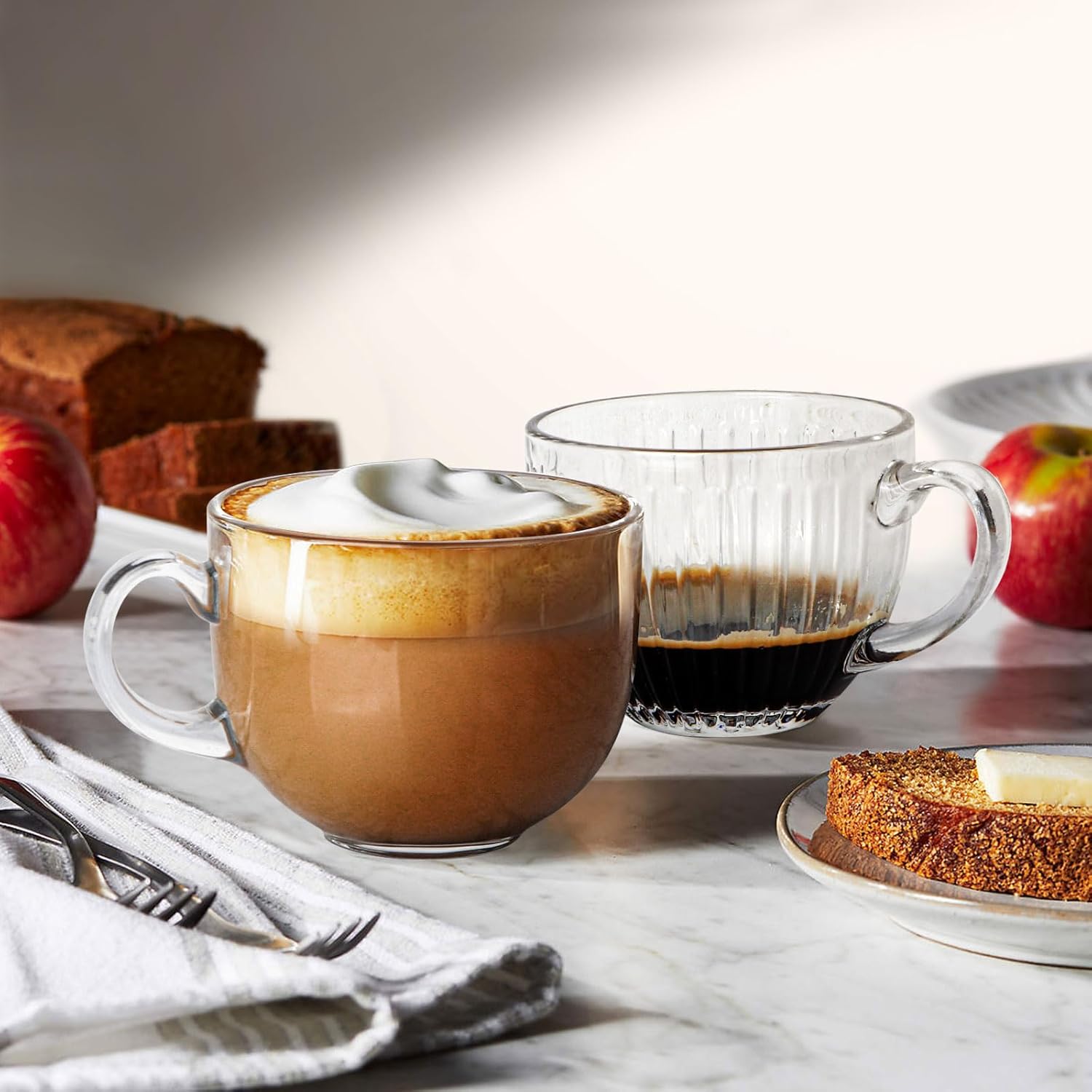 Artena Tazas de café de vidrio de 15 onzas, tazas de café, tazas de té transparentes acanaladas, vasos de café helado, bonitos accesorios de barra