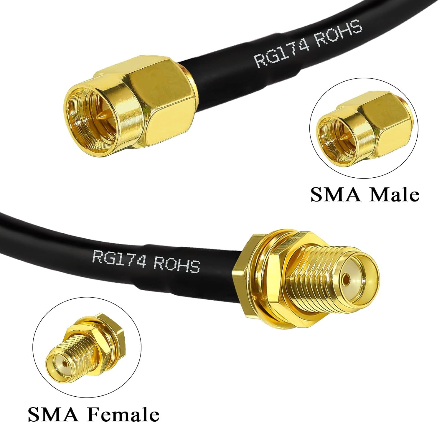 RG174 SMA Cable de extensión de antena SMA, cable coaxial SMA macho a hembra de baja pérdida de 9.8 pies (9.8 ft) + 3 conectores adaptadores