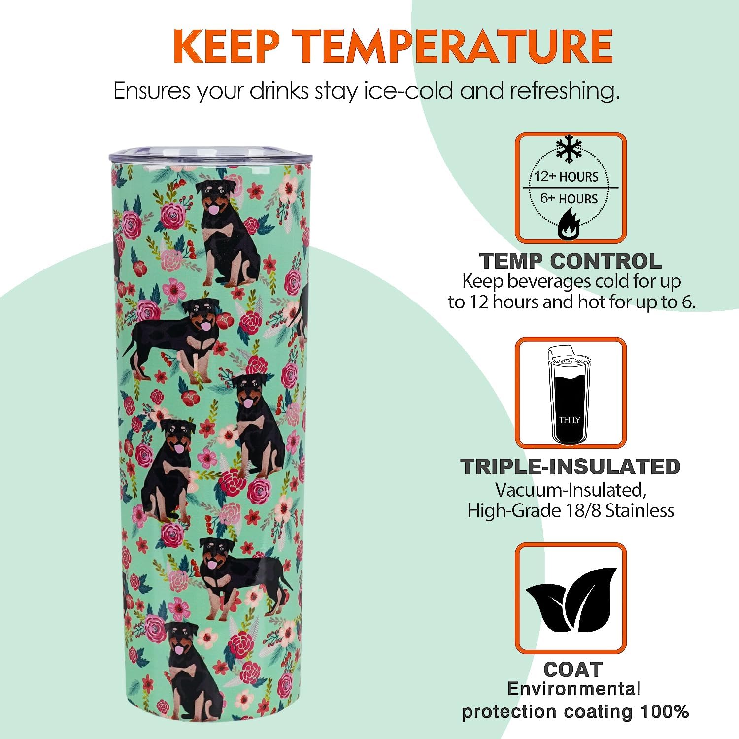 Rottweiler – Vaso térmico de acero inoxidable con aislamiento al vacío de doble pared, termo de viaje, para amantes de los perros, regalos para