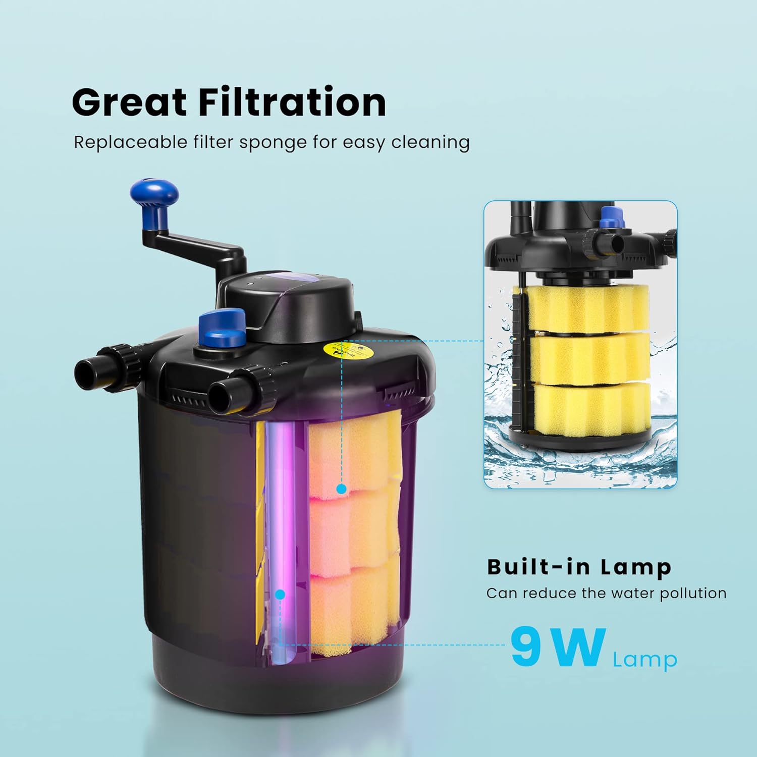 VIVOHOME Filtro biológico presurizado para estanques con luz de 9 vatios, adecuado para estanques Koi de hasta 500 galones o estanques ornamentales