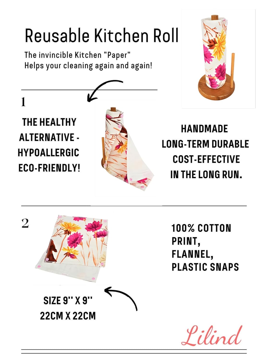 Lilind 10 Pack Reusable Kitchen Roll, Zero Waste, Cloth Wipes, Family Cloth, Washable Nonpaper Towels, Rose Flowers