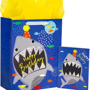 LeZakaa Bolsa de regalo de cumpleaños de 13 pulgadas, bolsa de regalo azul mediana con papel de seda, etiqueta de regalo y tarjeta, diseño de LeZakaa Bolsa de regalo de cumpleaños de 13 pulgadas, bolsa de regalo azul mediana con papel de seda, etiqueta de regalo y tarjeta, diseño de