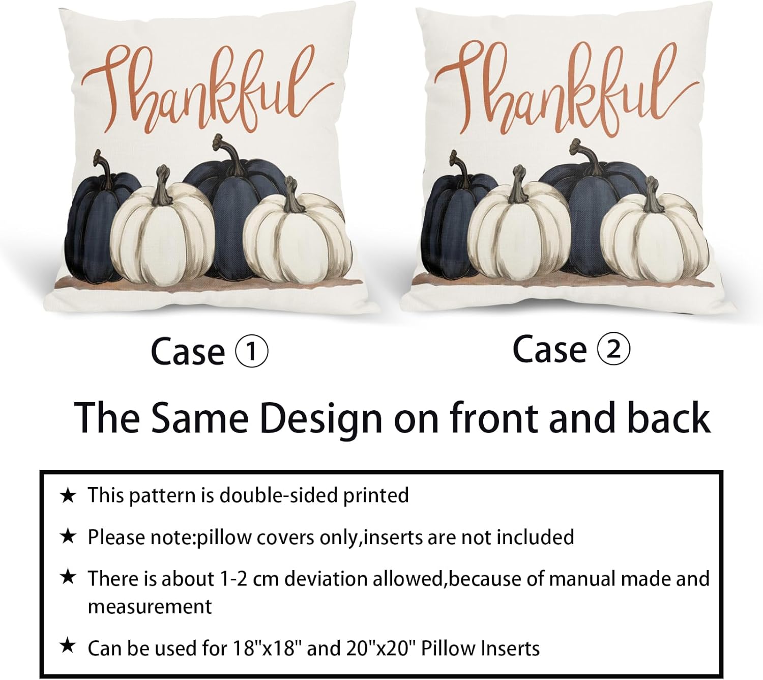 Kawani Juego de 2 fundas de almohada de calabazas azules y blancas de 18 x 18 pulgadas, juego de 2 fundas de almohada de otoño de Acción de Gracias,