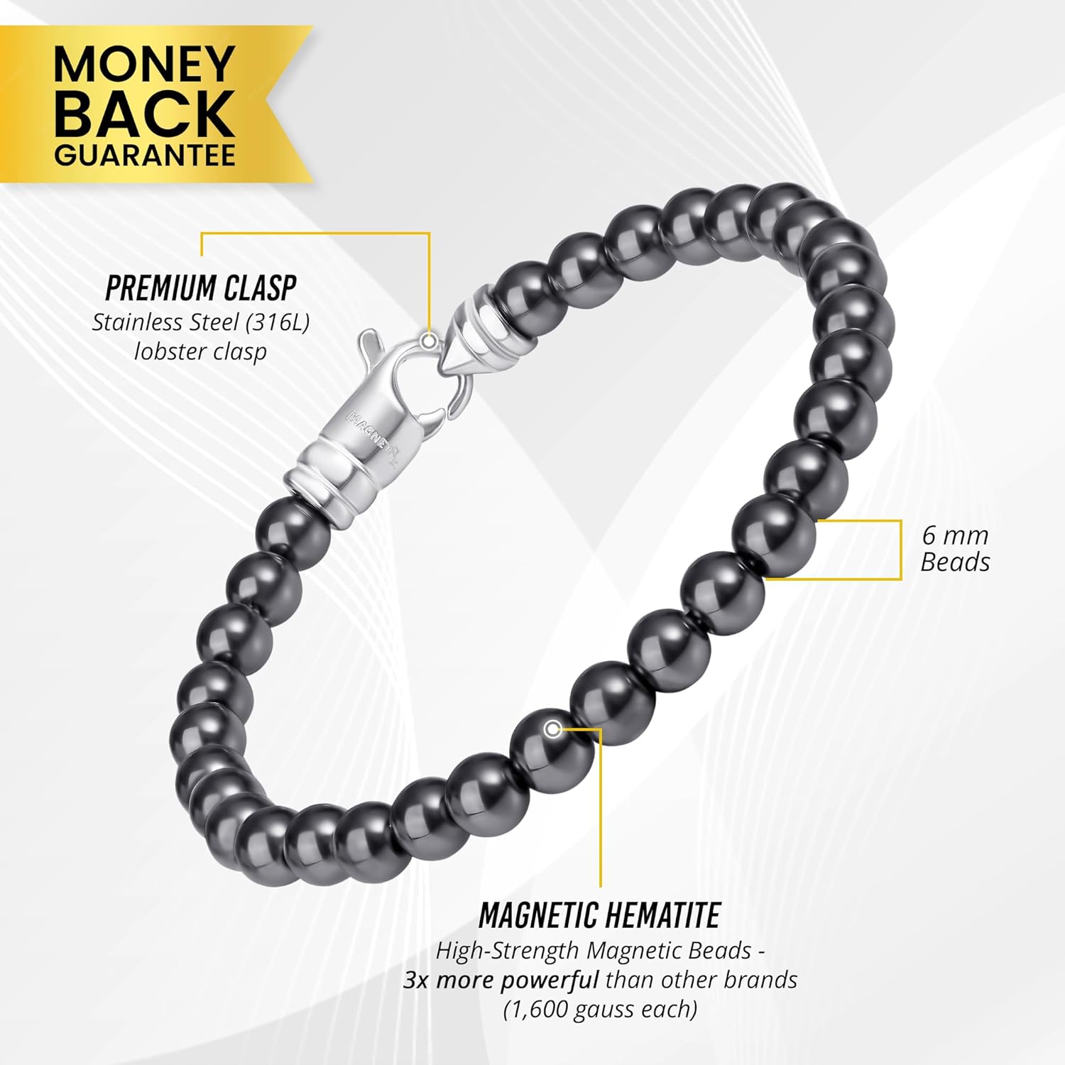 MagnetRX Pulsera magnética de hematita, piedras magnéticas de fuerza máxima, elegantes pulseras magnéticas de hematita con cuentas, Hematita,