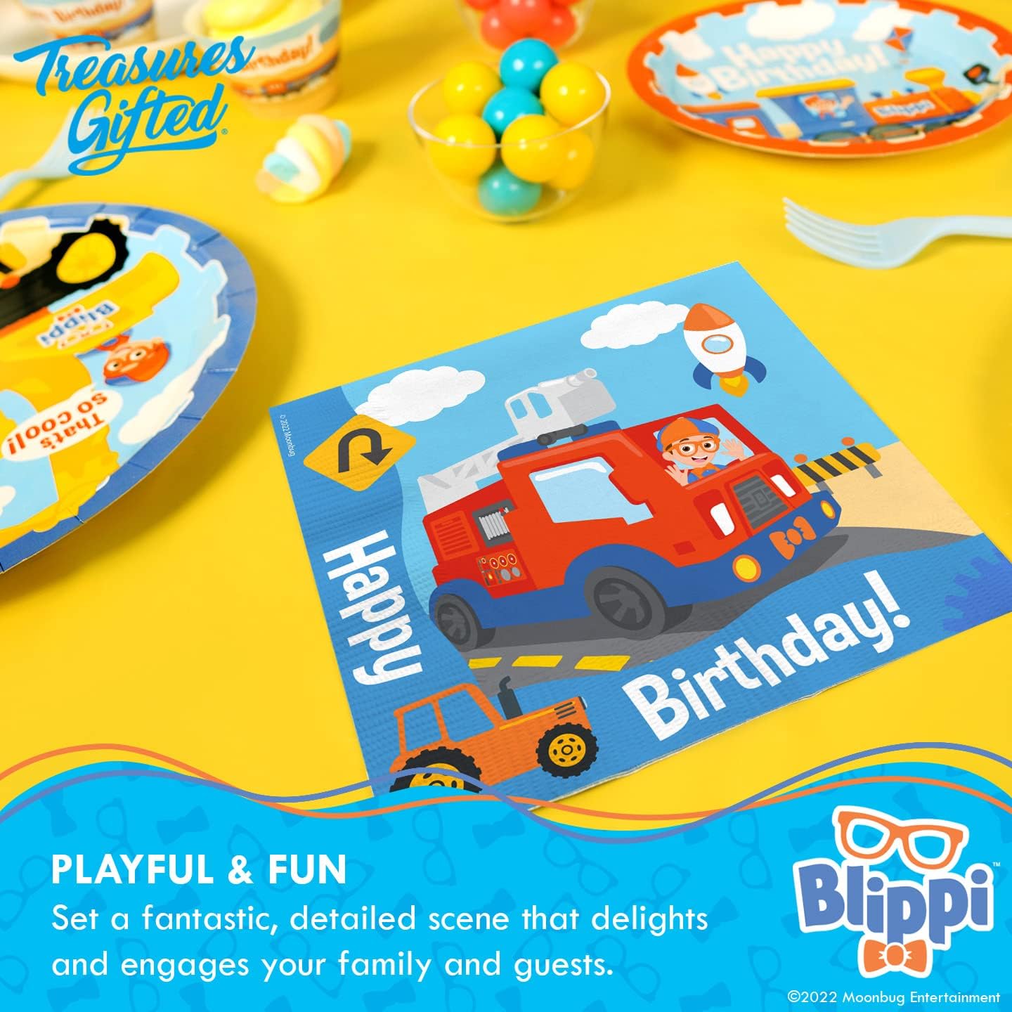 Treasures Gifted Suministros de fiesta de cumpleaños con licencia oficial de Blippi, paquete de 48 servilletas Blippi, suministros para fiesta de