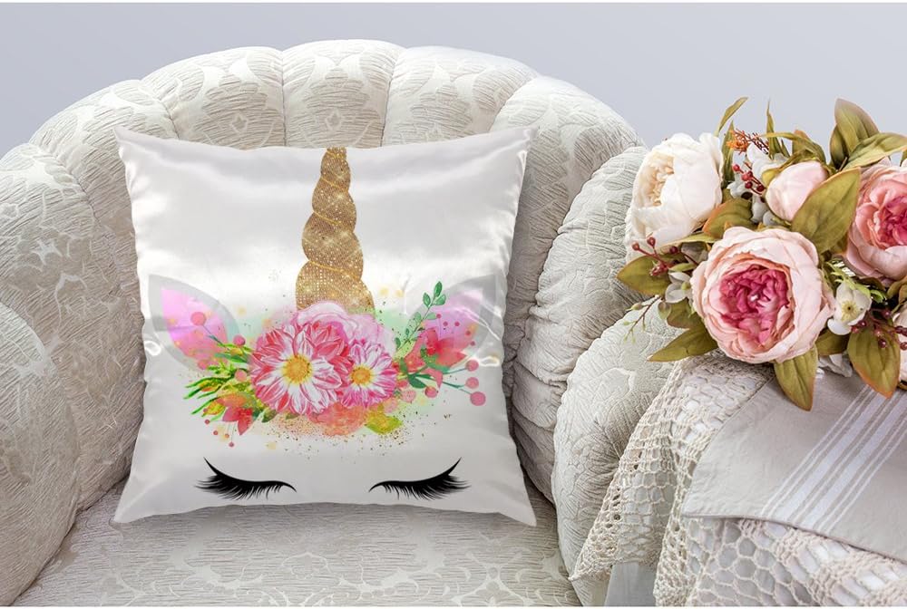 HGOD DESIGNS Funda de almohada de unicornio, cuerno de unicornio con diseño de flores, funda de almohada cuadrada estándar para el hogar, sofá,