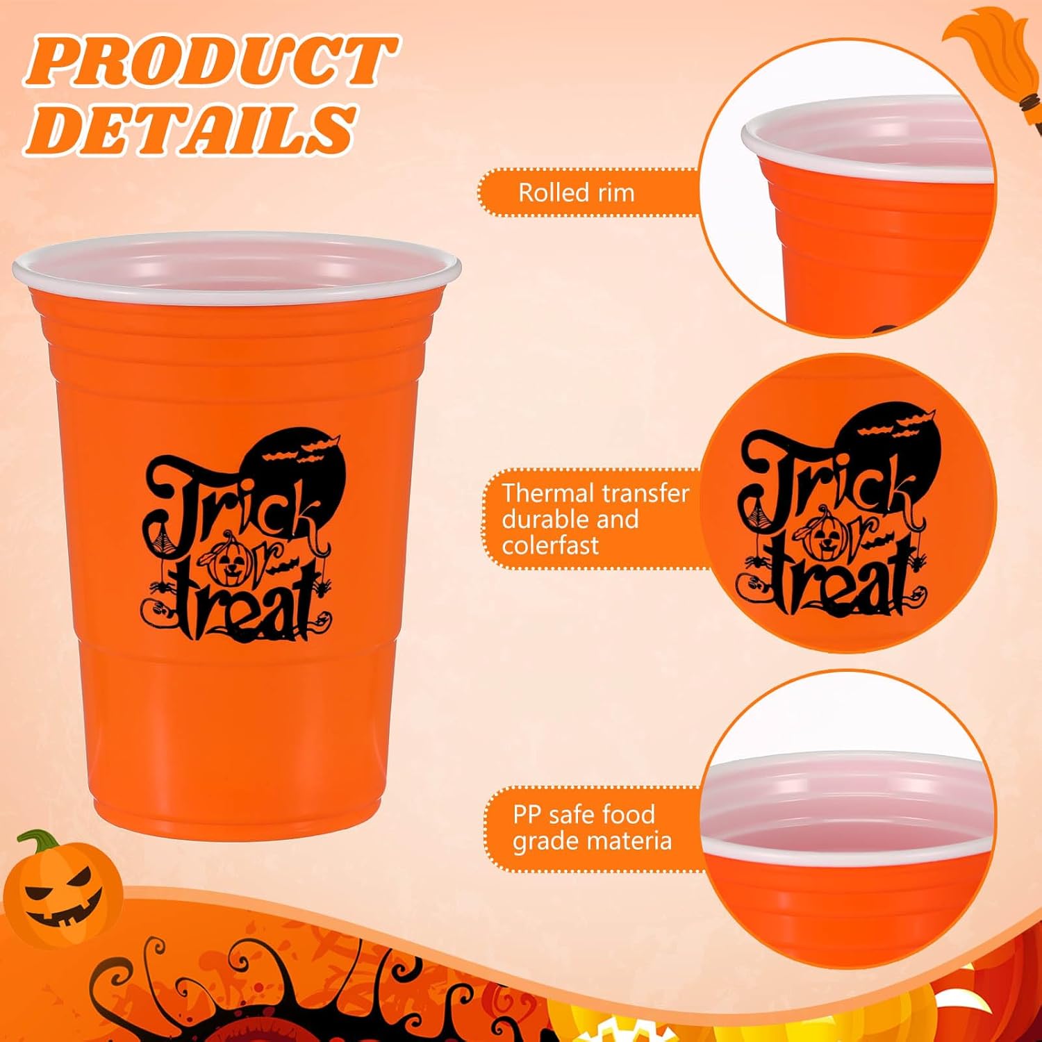 100 vasos de plástico de Halloween, 16 onzas, vasos desechables de Halloween, tazas de calabaza y bebidas frías para Halloween, suministros de
