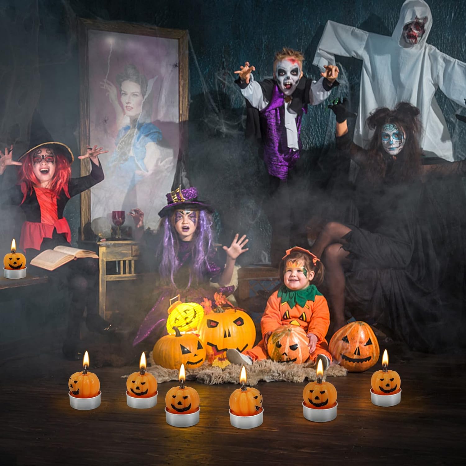 Paquete de 6 velas de calabaza de Halloween, calabaza de Halloween, velas de celebración de Halloween, velas de calabaza brillantes y vívidas para