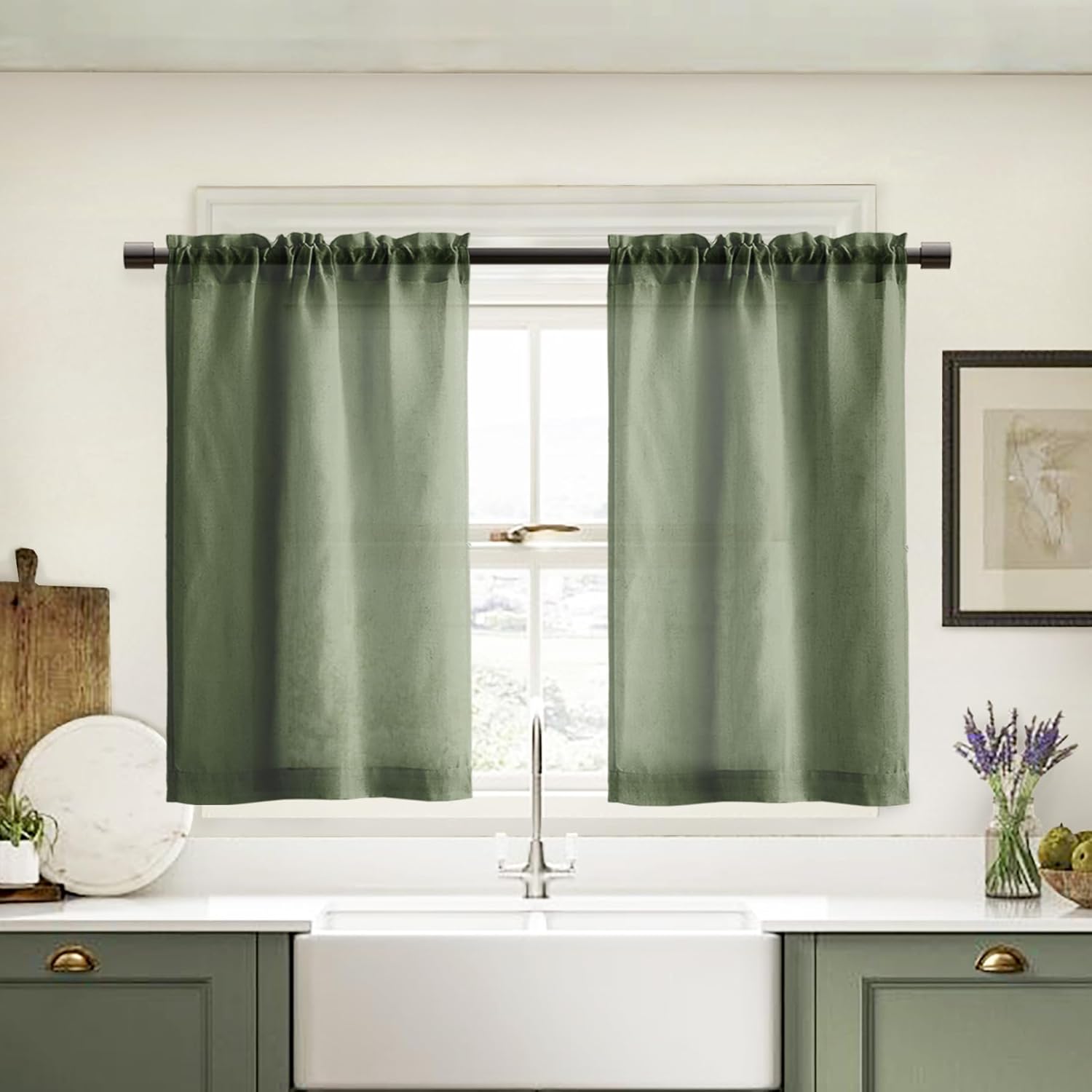 XTMYI Cortinas pequeñas de lino verde oliva de 36 pulgadas de largo, con bolsillo para cortinero, cortinas cortas semitransparentes para media