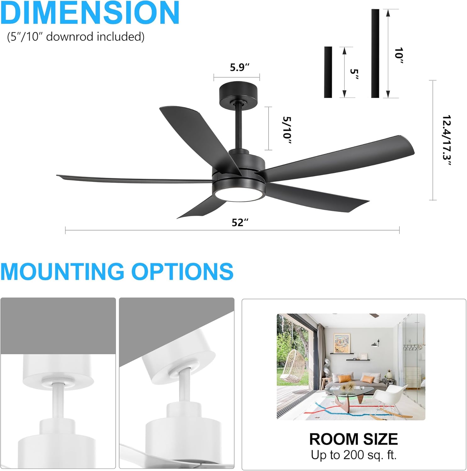 Breezary Ceiling Fans with Lights and Remote, 52″ Ceiling Fans OutdoorIndoor with 6 Speeds Reversible DC Motor and 5 Blades, Modern Black Ceiling