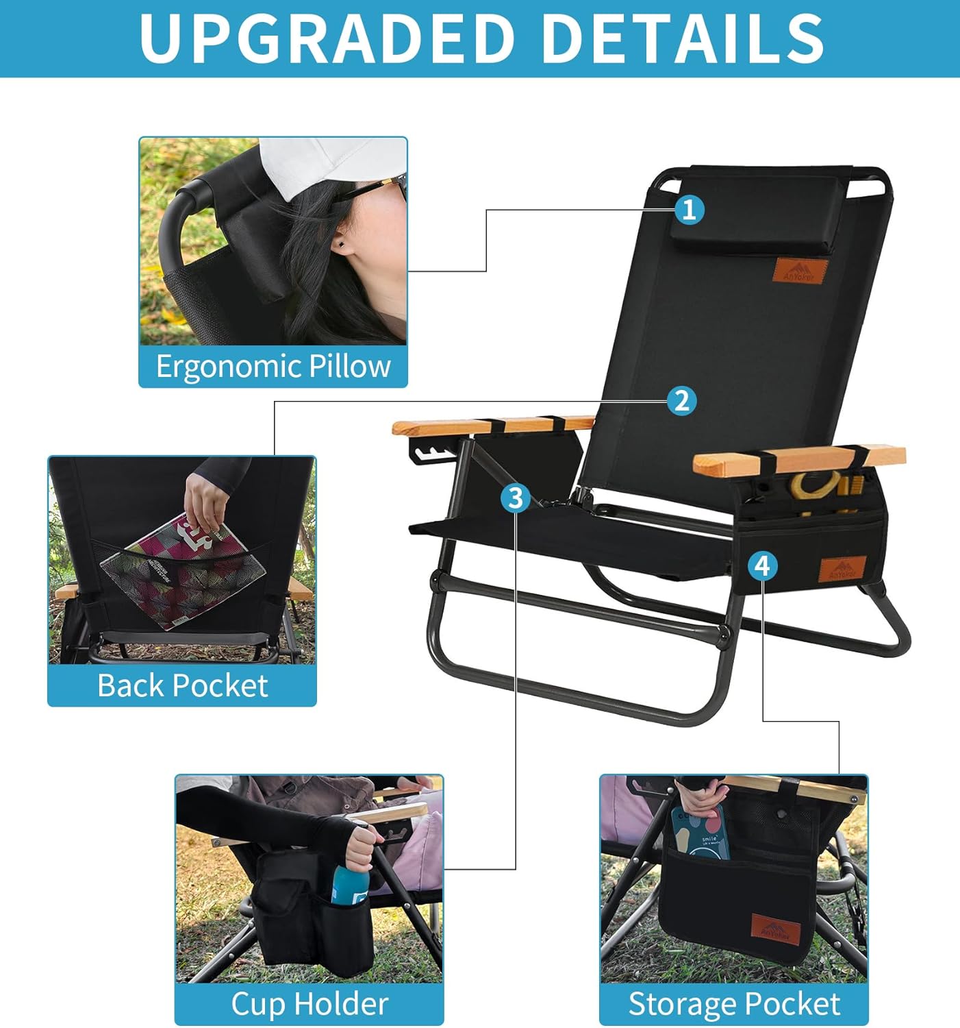 Silla de playa, silla compacta de 4 posiciones ajustables, silla plegable portátil, silla de camping con bolsillo lateral, reposacabezas, soporte