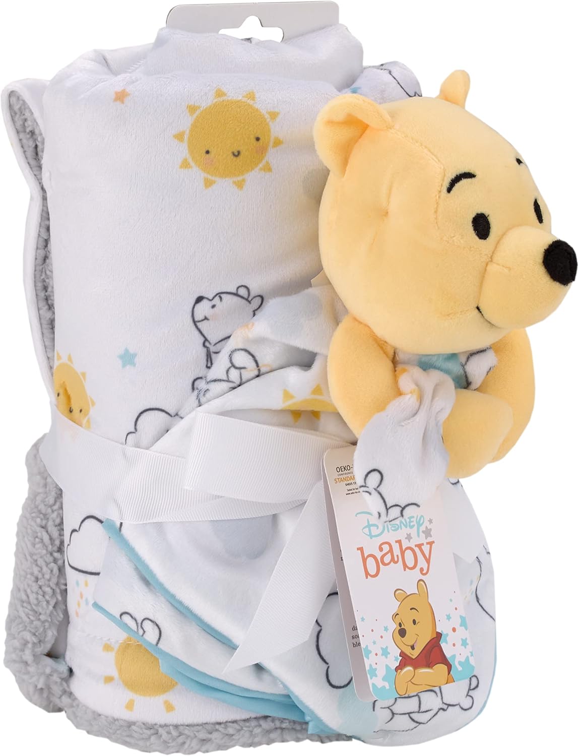 Disney Winnie The Pooh – Juego de 2 piezas de manta de bebé Sherpa súper suave y manta de seguridad para bebé, color blanco, amarillo y aguamarina