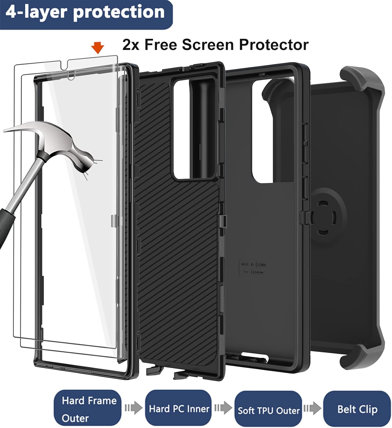 Funda para Samsung Galaxy S23 Ultra con funda de clip para cinturón, 2 protectores de pantalla, grado militar resistente a prueba de golpes de