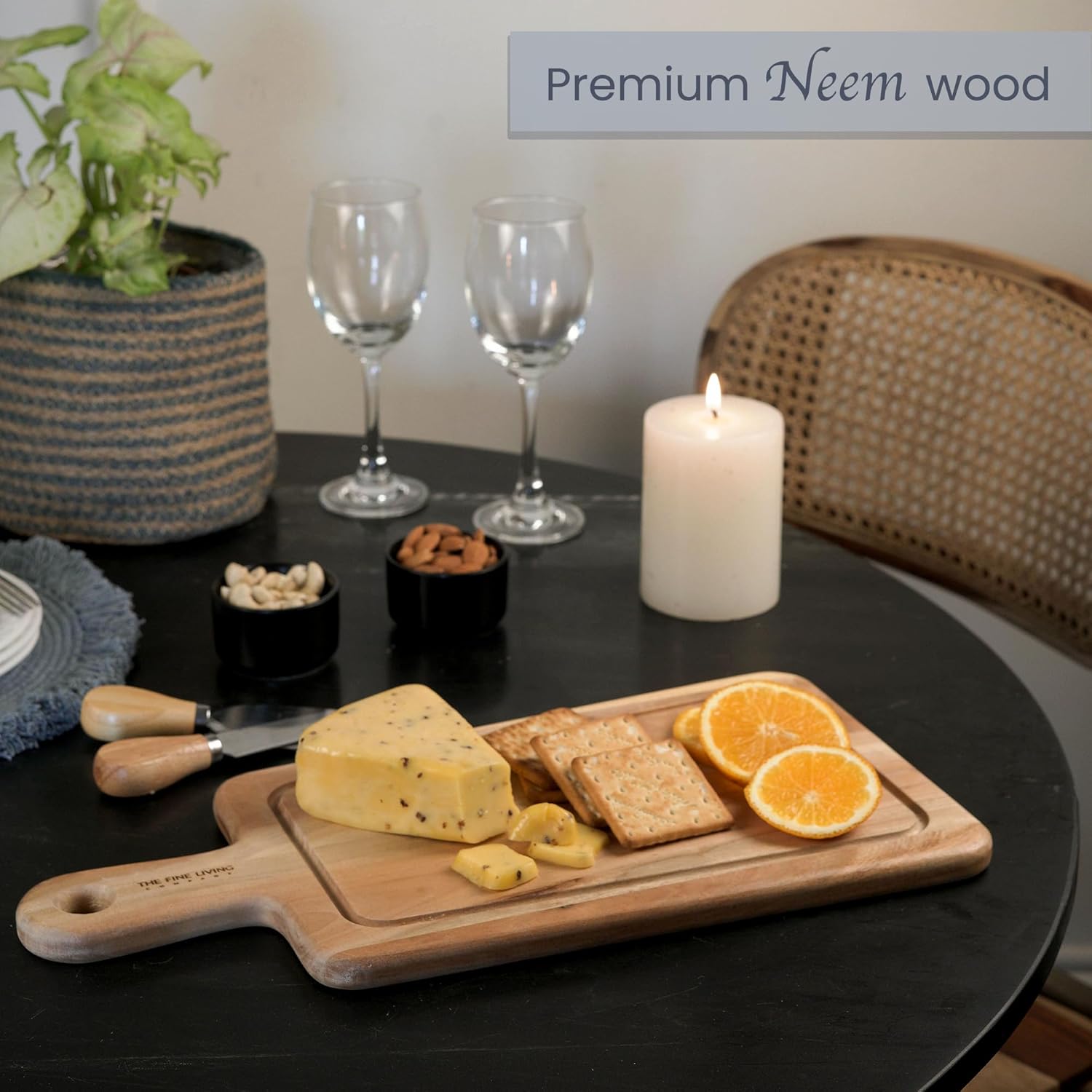 The Fine Living Co. Cutting Board, Neem Wood Chopping Board with Handle, 0.6″ Thick Board with Juice Grooves, Non-slip Board for Kitchen Countertop,