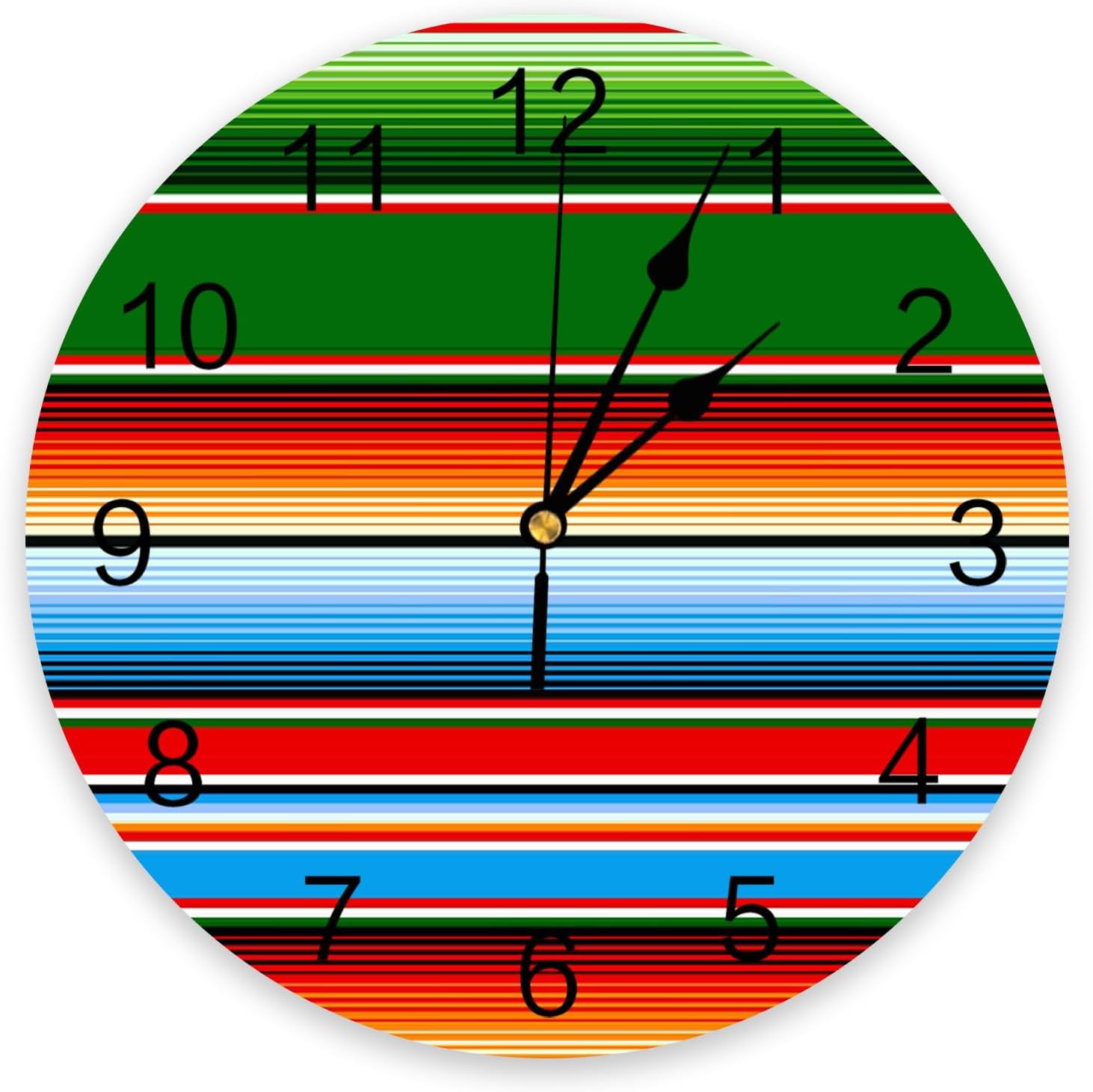 Reloj de pared silencioso de 10 pulgadas, sin tictac, verde, rojo, naranja, azul, rayas mexicanas, reloj decorativo redondo para sala de estar,