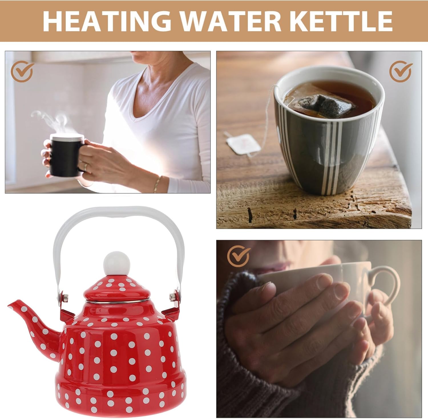 DOITOOL Hervidor de té esmaltado para estufa, tetera esmaltada, tetera de café con lunares rojos y blancos con filtro de acero inoxidable para el