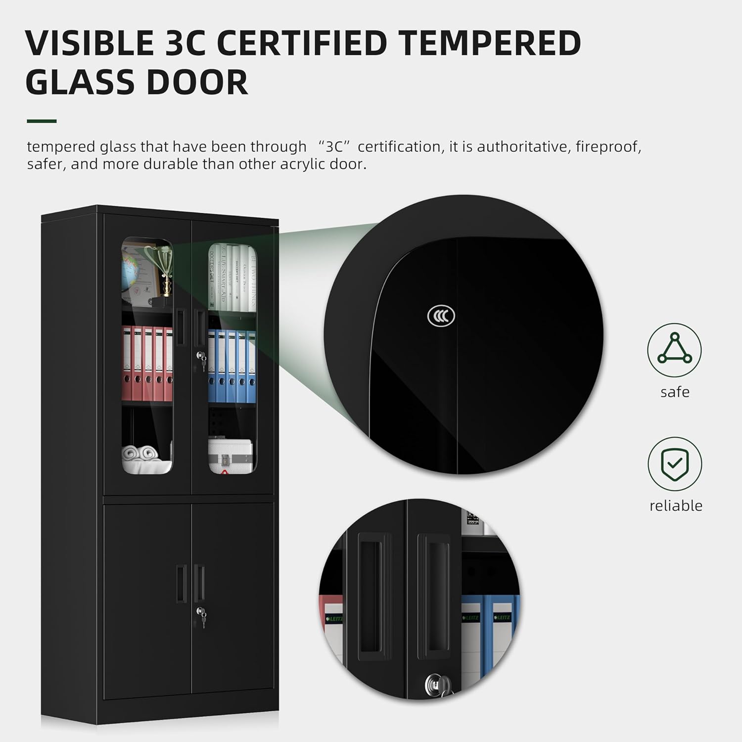 Greenvelly Armario de almacenamiento de metal con 2 puertas y estantes ajustables, armario de acero de 72 pulgadas con puertas de vidrio, gabinete