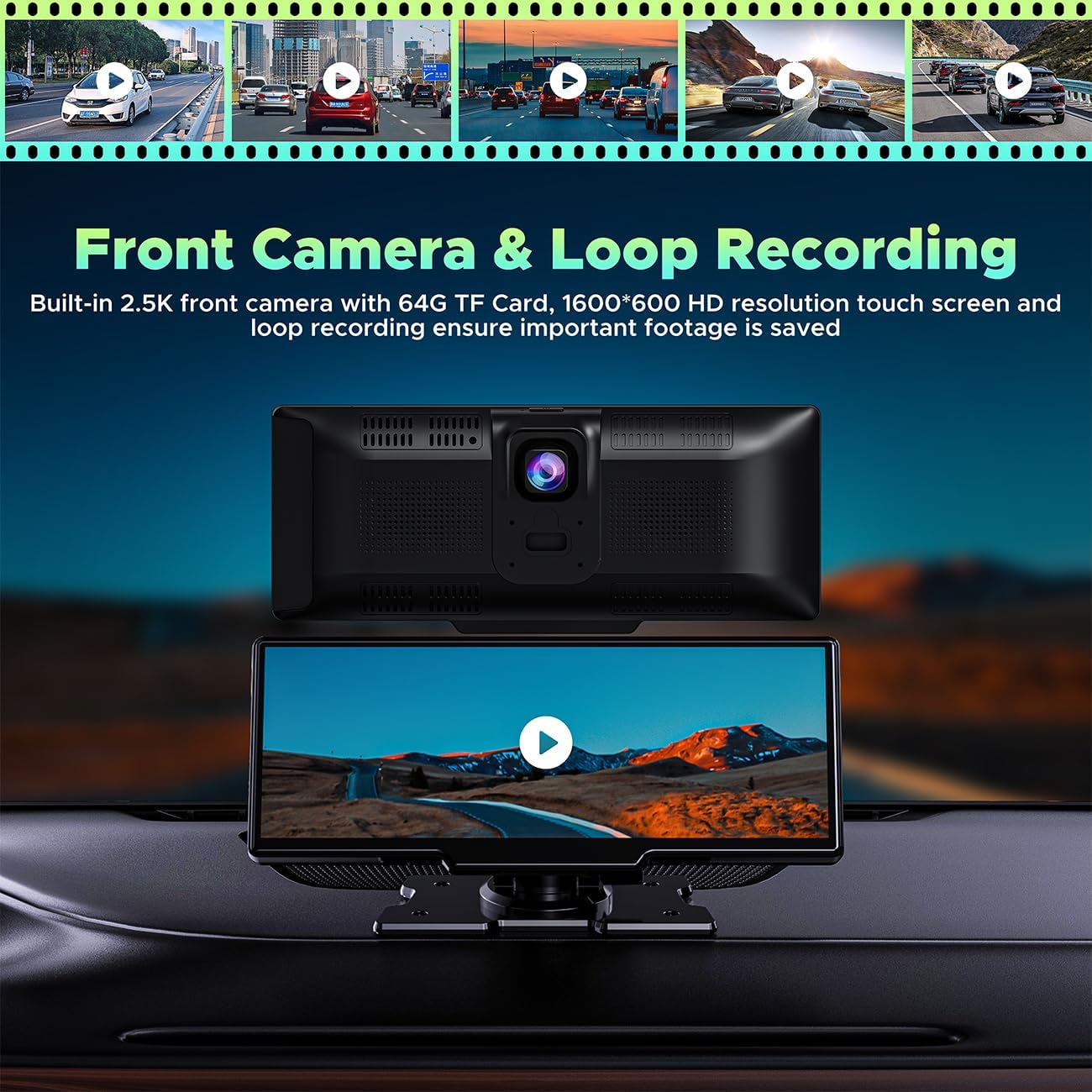 LAMTTO Carplay inalámbrico y Android Auto con cámara frontal de tablero 2K, pantalla táctil portátil de 9.26 pulgadas para automóvil, receptor de