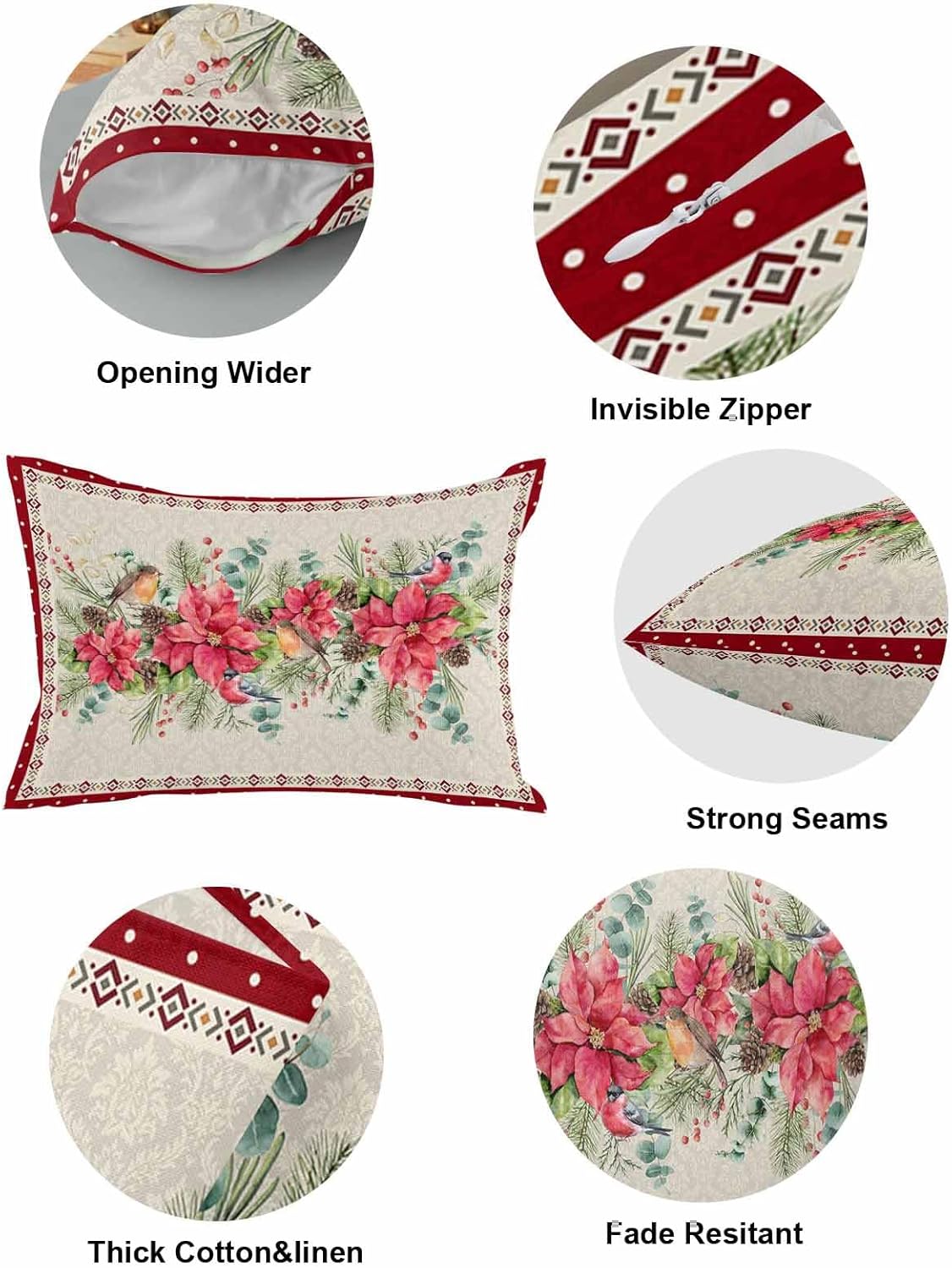 Paquete de 2 fundas de almohada decorativas de algodón, diseño de flor de pascua, baya y cardenal de Feliz Navidad, 12 x 20 pulgadas, rectangular,