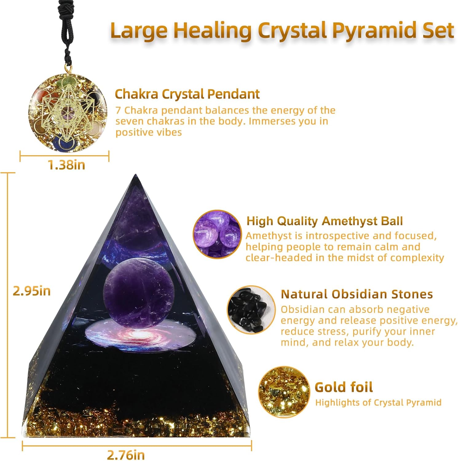 Pirámide de orgón grande para energía positiva, amatista de orgonita y obsidiana pirámides de cristal curativo para reducir el estrés, la meditación