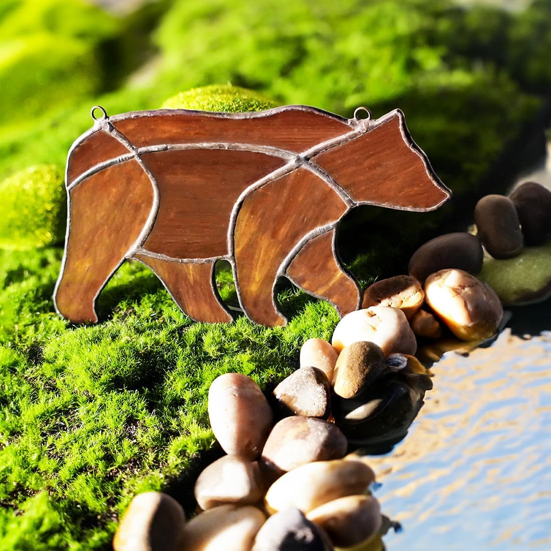 BOXCASA Decoración de oso para colgar ventanas de vitral, oso marrón para decoración de pared de ventana, arte animal, granja, sala de estar,