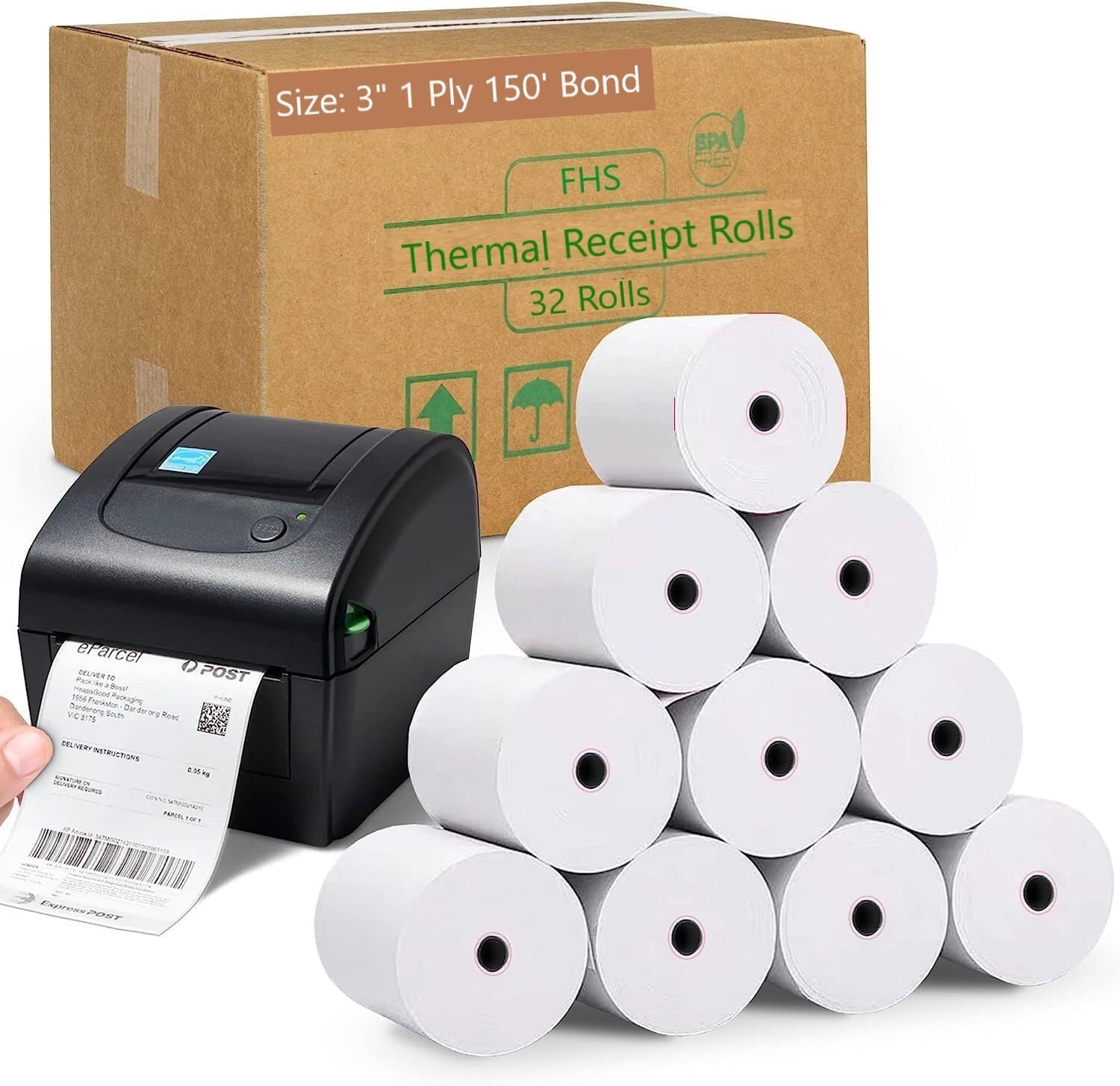 FHS – Rollo de papel Bond de 3 pulgadas x 150 pies, papel de bono, papel de impresora de cocina, rollo de papel de caja registradora POS, 32 rollos