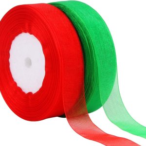 DECYOOL 2 rollos de cintas de organza de Navidad de 100 yardas de 0.8 pulgadas de ancho para decoración de envoltura de regalos, rojo y verde DECYOOL 2 rollos de cintas de organza de Navidad de 100 yardas de 0.8 pulgadas de ancho para decoración de envoltura de regalos, rojo y verde