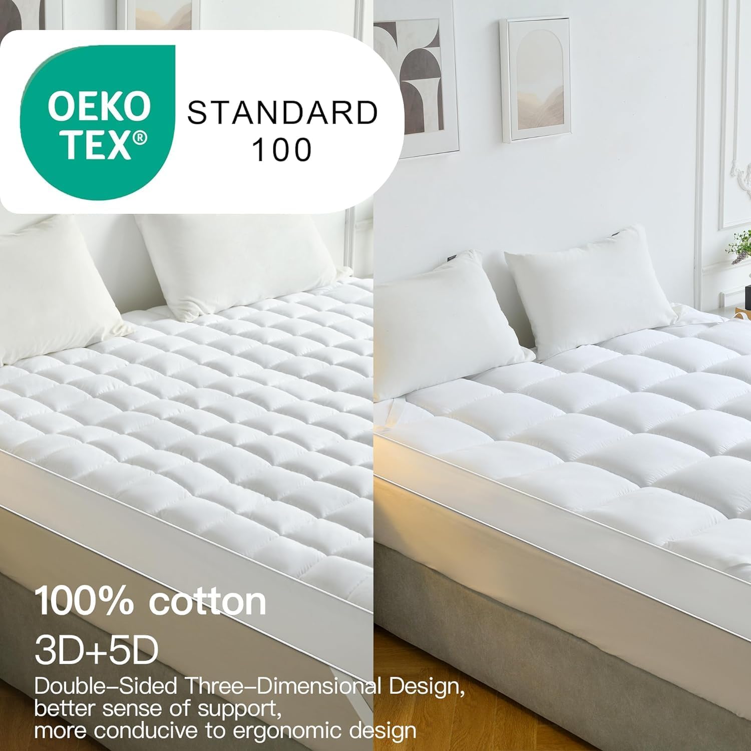 BEDENSIT Cubrecolchón tamaño Queen, 100% algodón extra grueso 5D+3D Snow Soft Funda de colchón Funda de colchón Cubrecolchón de cama, calidad de
