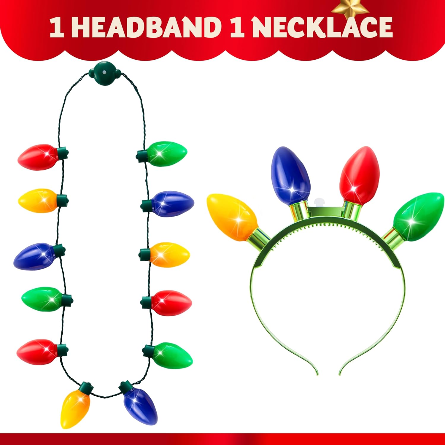 JOYIN Paquete de 2 accesorios de Navidad, collar de Navidad con 12 bombillas y diadema de Navidad con 4 bombillas, suministros de accesorios para