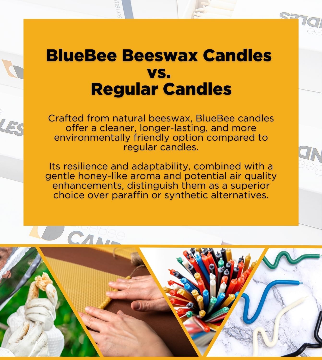 BlueBee – Velas de cera de abeja pura a granel para el hogar, 200 velas altas y delgadas + 5 soportes, aroma a miel, sin humo, de larga duración,