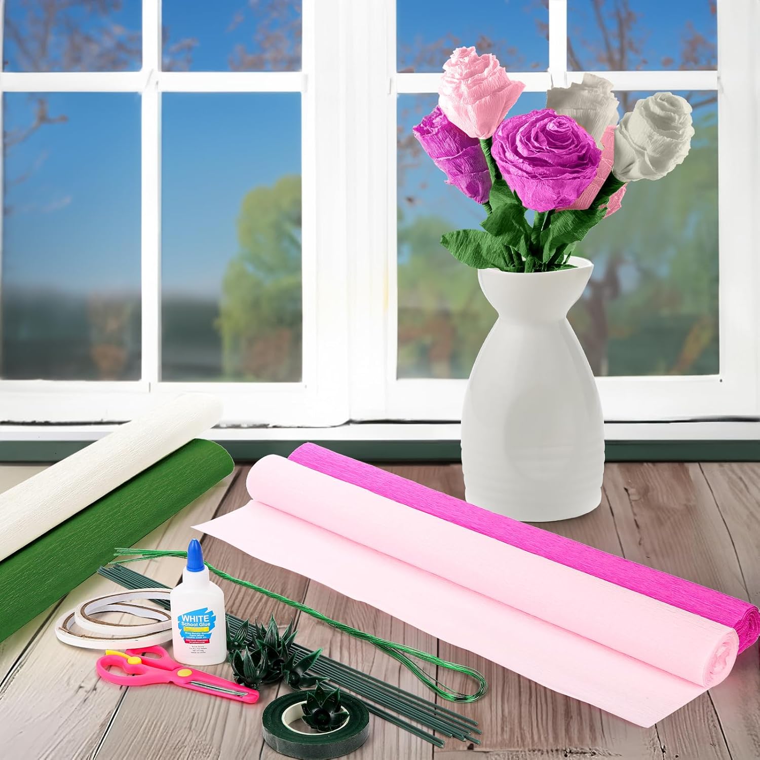 Lawei Kit de 20 rollos de papel crepé de flores de bricolaje, rollos de papel crepé de 20 colores de ancho, kit de arreglos florales de 19.7