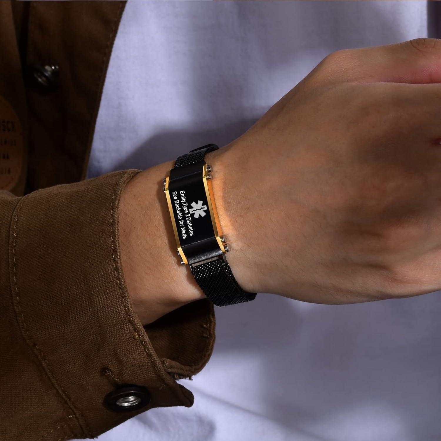 VNOX – Pulseras de identificación y alerta médica para hombres, mujeres y niños, con grabado, malla ajustable de acero inoxidable, para emergencias