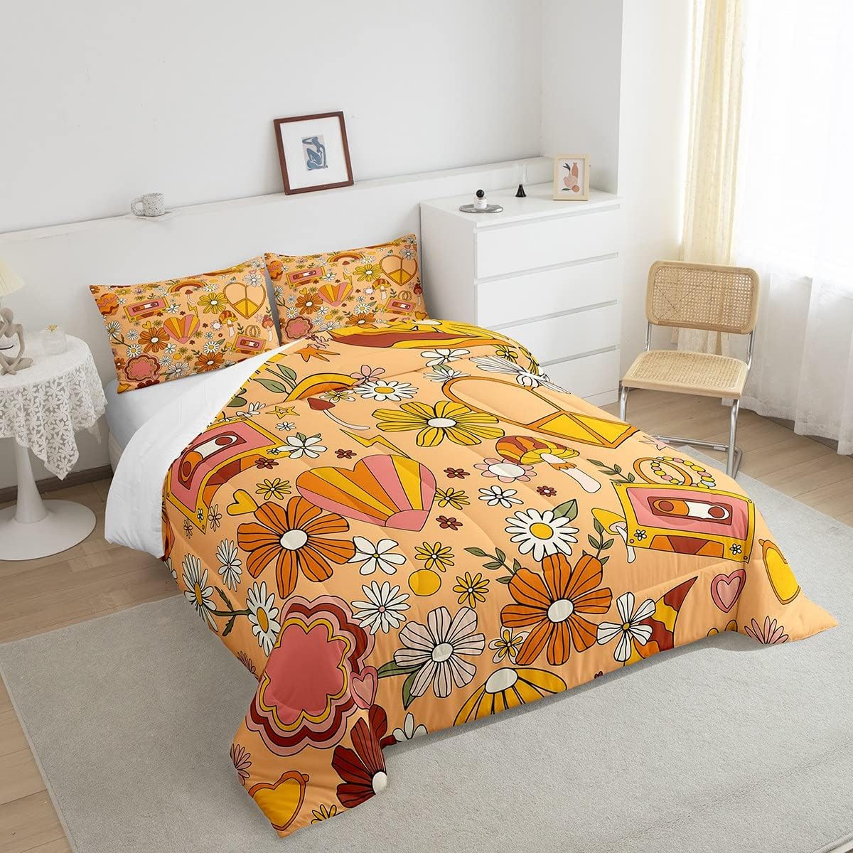 Groovy Style – Juego de edredón de tamaño matrimonial, juego de ropa de cama vintage de los años 60 y 70 con diseño de garabatos de flores para