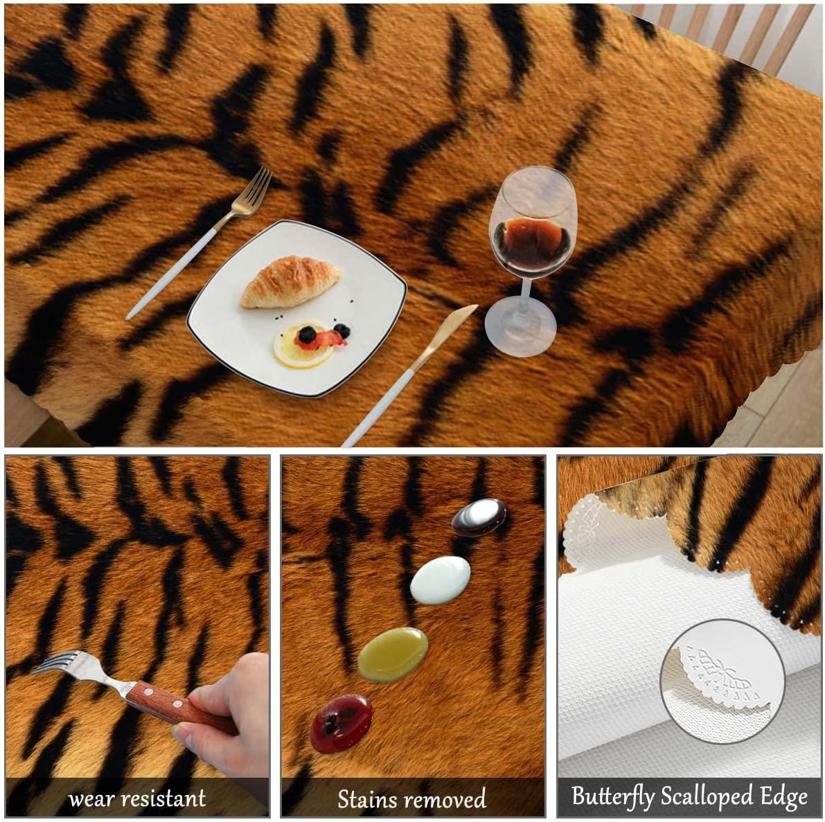 Swono Fundas de mesa con estampado de tigre de 52 x 70 pulgadas, color marrón y negro, mantel lavable para decoración de mesa de cocina, comedor,
