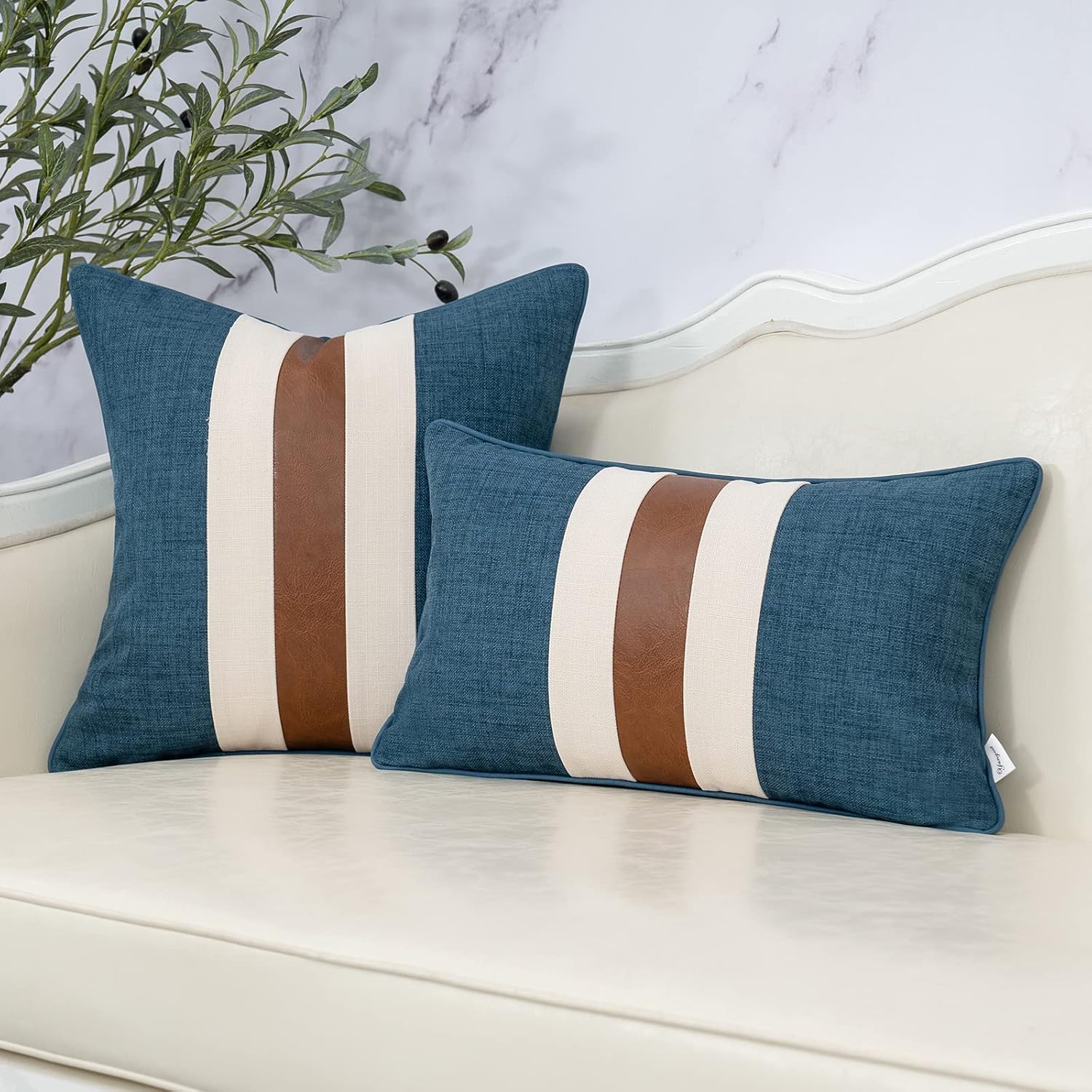 Yangest Funda de almohada lumbar de lino con retazos azules, funda de cojín oblonga de piel sintética para sofá, dormitorio, sala de estar,