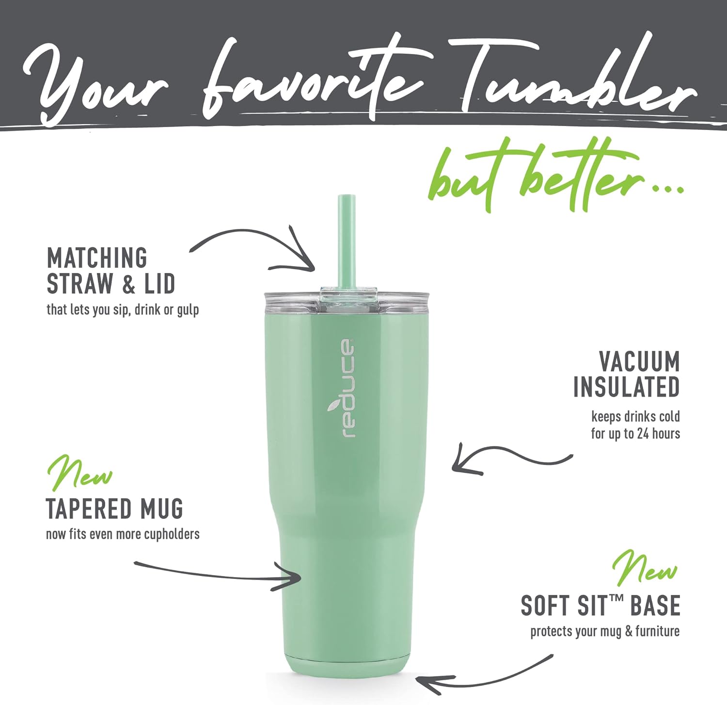 REDUCE Cold1 – Vaso de 24 onzas con tapa y pajilla, de acero inoxidable con aislamiento al vacío de doble pared que mantiene las bebidas frías hasta