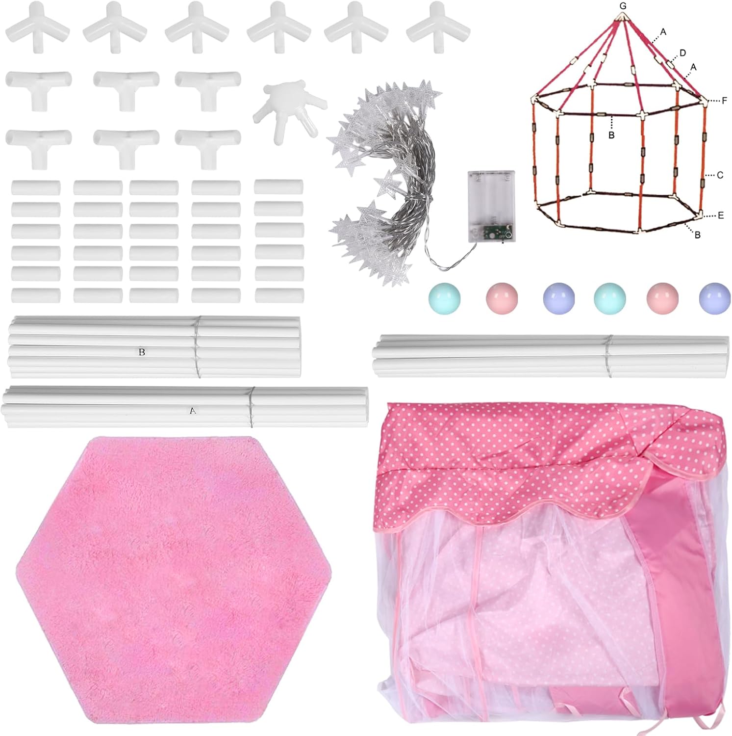 Tienda de campaña de princesa con alfombra y luces LED de estrella, tienda de campaña de juego de castillo de princesa para niñas, niños o niños