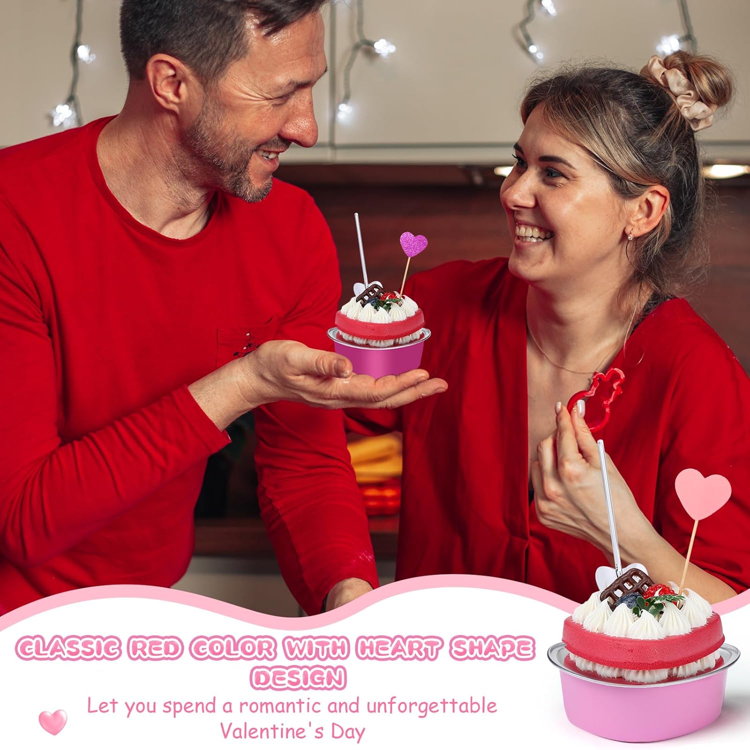 El juego de moldes para tartas de corazón de San Valentín incluye mini moldes de aluminio, cuchara de plástico, decoración de cupcakes, tazas de