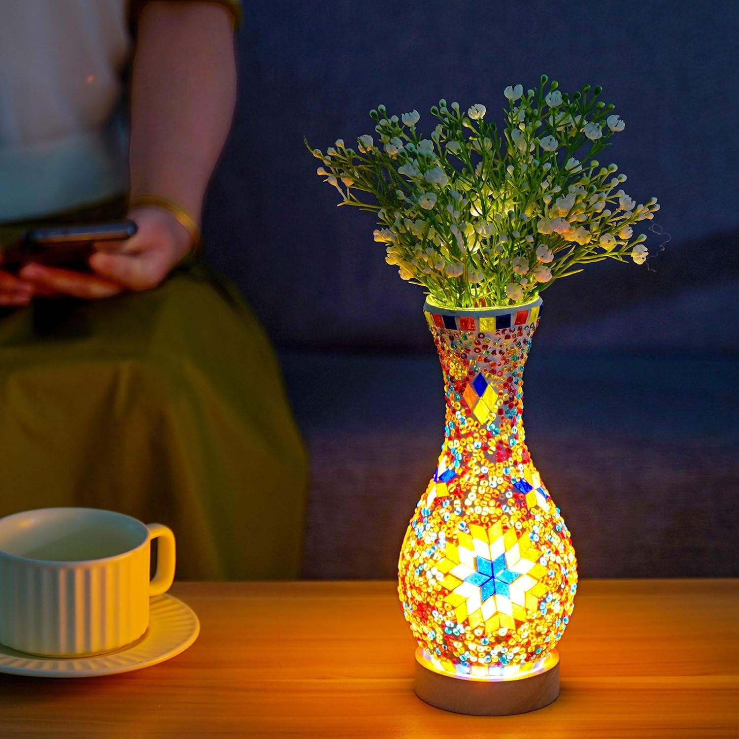 Lámpara de jarrón de mosaico, lámpara de mesa turca marroquí, colorido jarrón de vidrio hecho a mano con base de madera para flores, luz decorativa