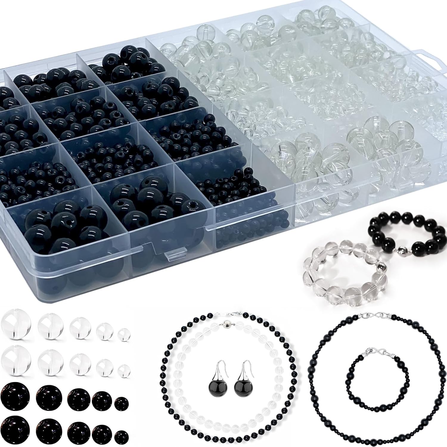 2140 cuentas de vidrio negro y transparente para hacer pulseras de 0.157 in, 0.236 in, 0.315 in, cuentas de vidrio redondas transparentes negras