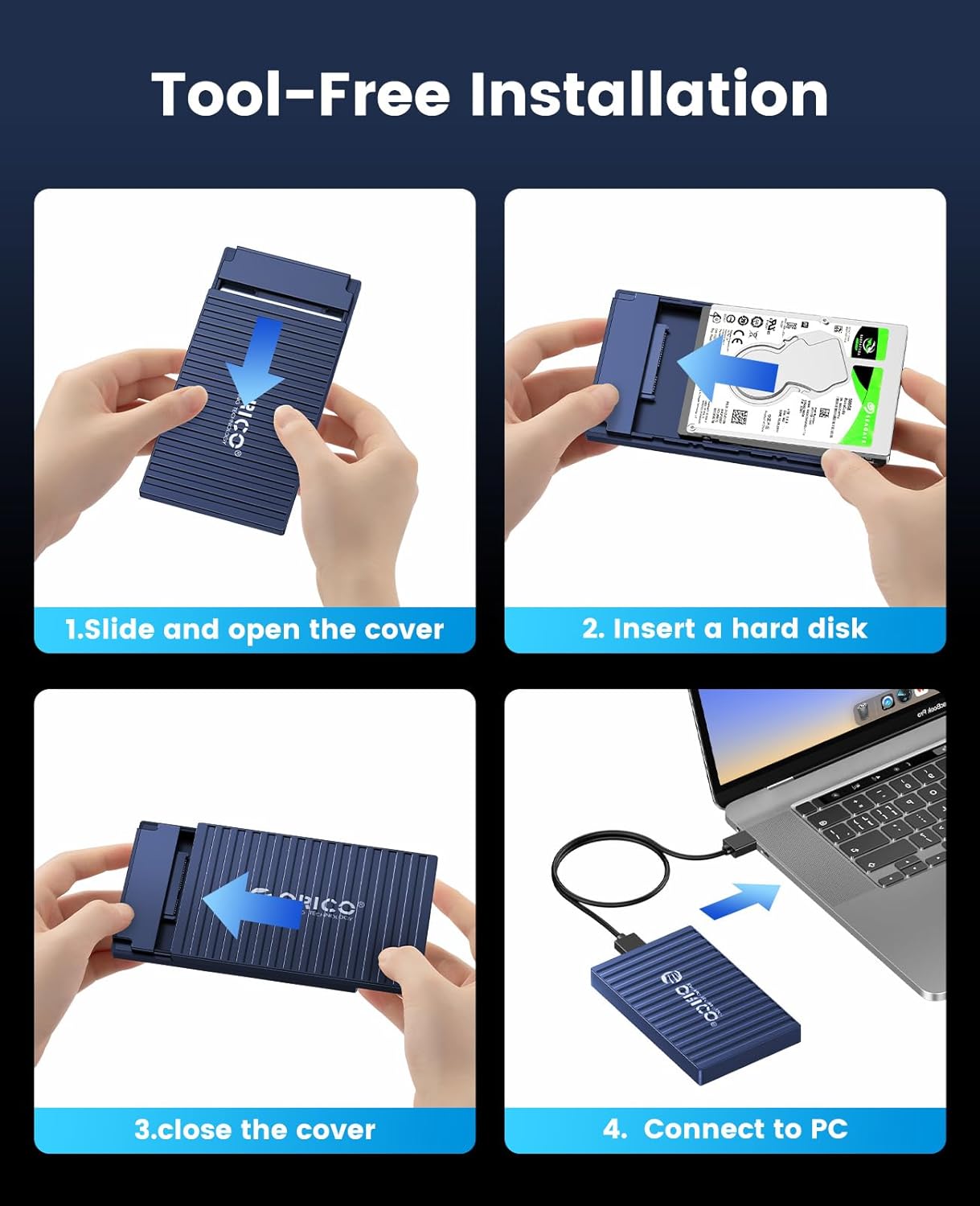 ORICO Caja de disco duro de 2.5″, caja de disco duro externo USB 3.0 de 5 Gbps sin herramientas para disco duro SATA HDD y SSD de 2.5 pulgadas,