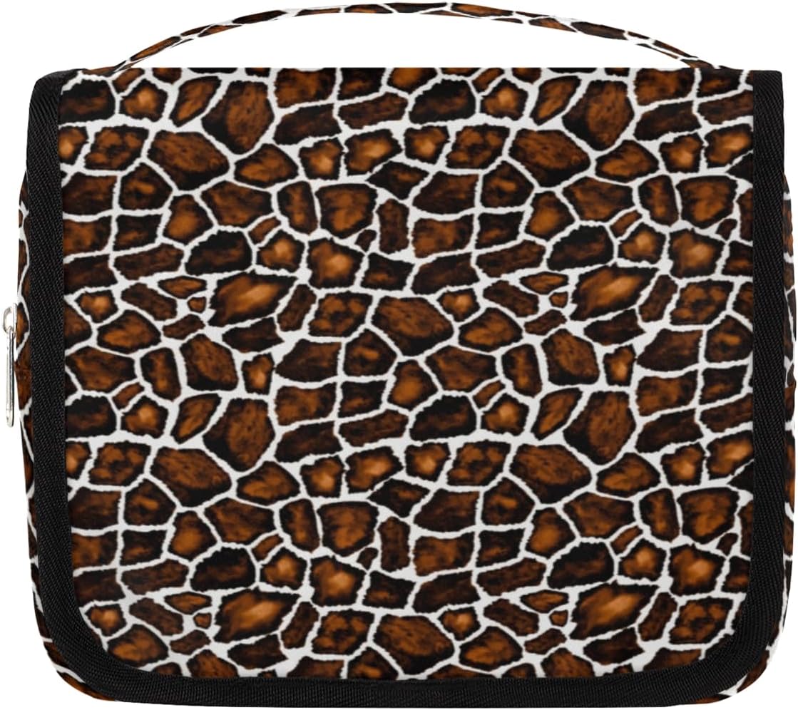 Neceser vintage de piel de jirafa para mujer, organizador de maquillaje de viaje con gancho para colgar, bolsas de cosméticos de viaje para