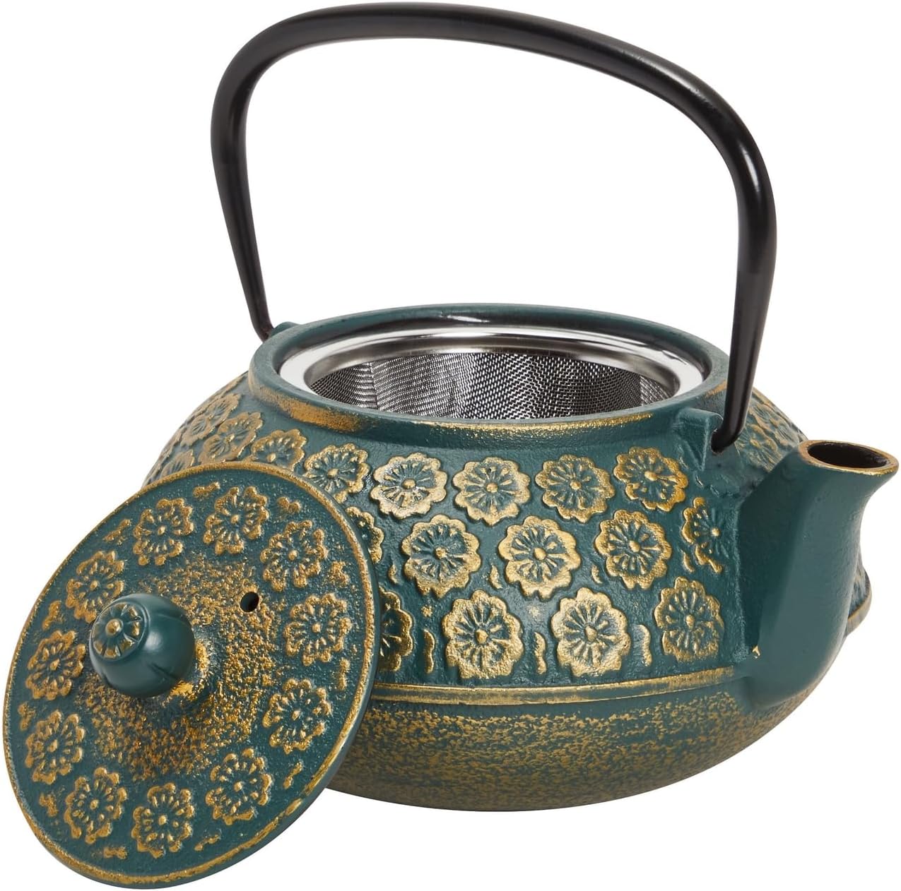 Juvale Tetera de hierro fundido floral verde con infusor de hojas sueltas de acero inoxidable (34 onzas)