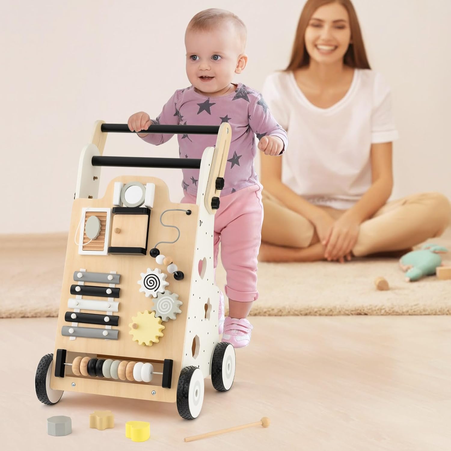 BABY JOY Andador de madera para bebés, centro de actividades de aprendizaje de pie para empujar y tirar, juguete educativo Montessori para niños