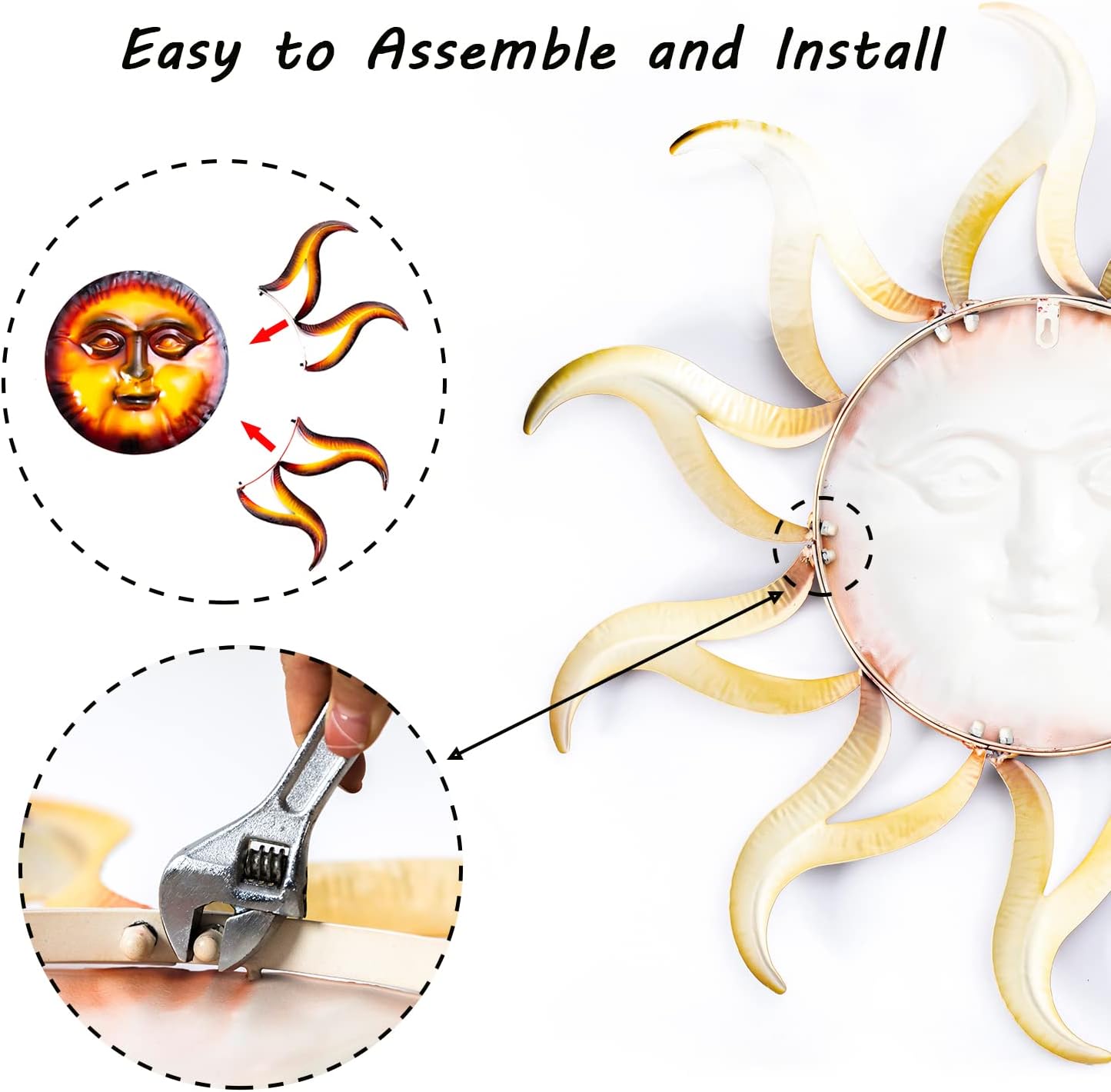 TICKCACY Decoración de pared de sol de metal, arte de pared de sol de 27.5 pulgadas para colgar en interiores y exteriores, arte de cara de sol,