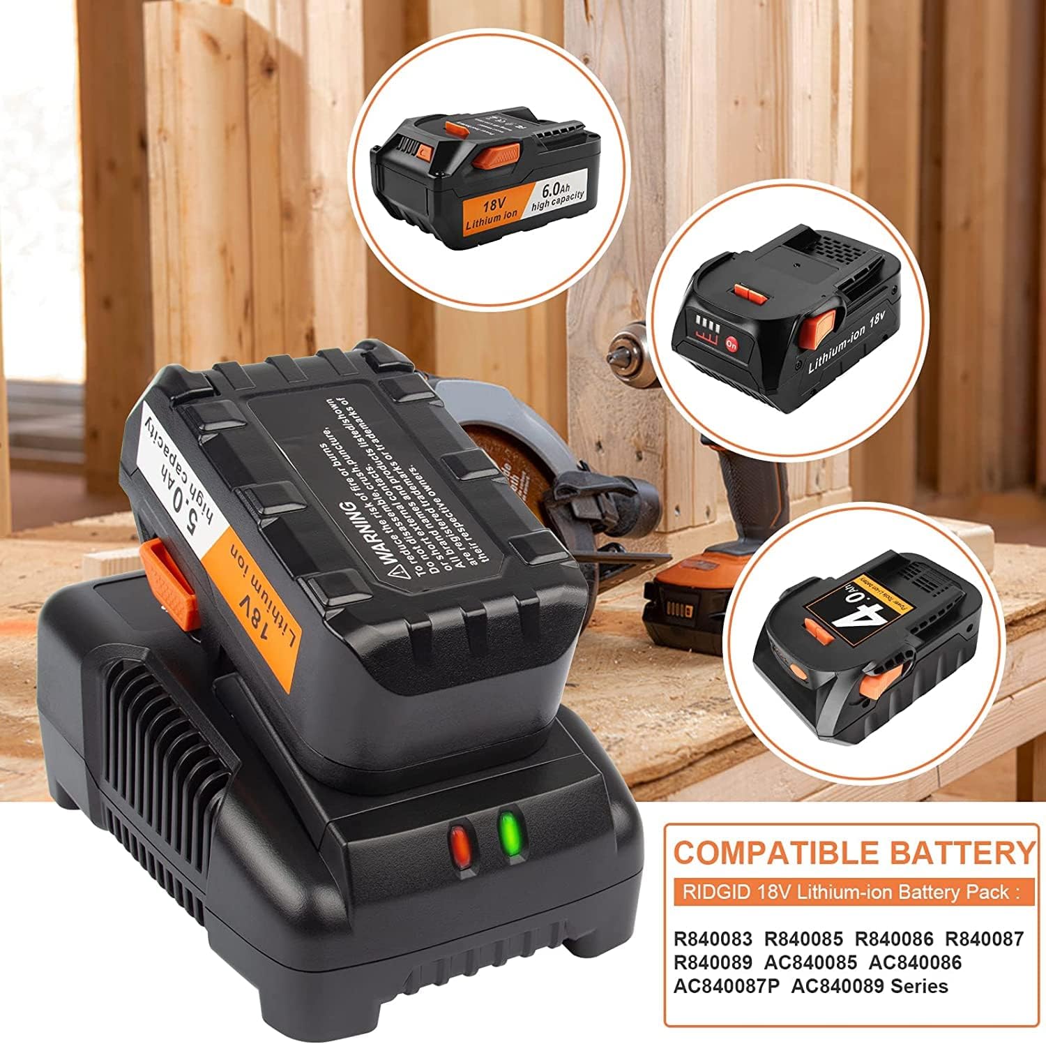 TREE.NB Cargador rápido de batería de litio de 18 V R86092 compatible con cargador Ridgid de 18 V para batería R86091 R840087 R840083, R840085