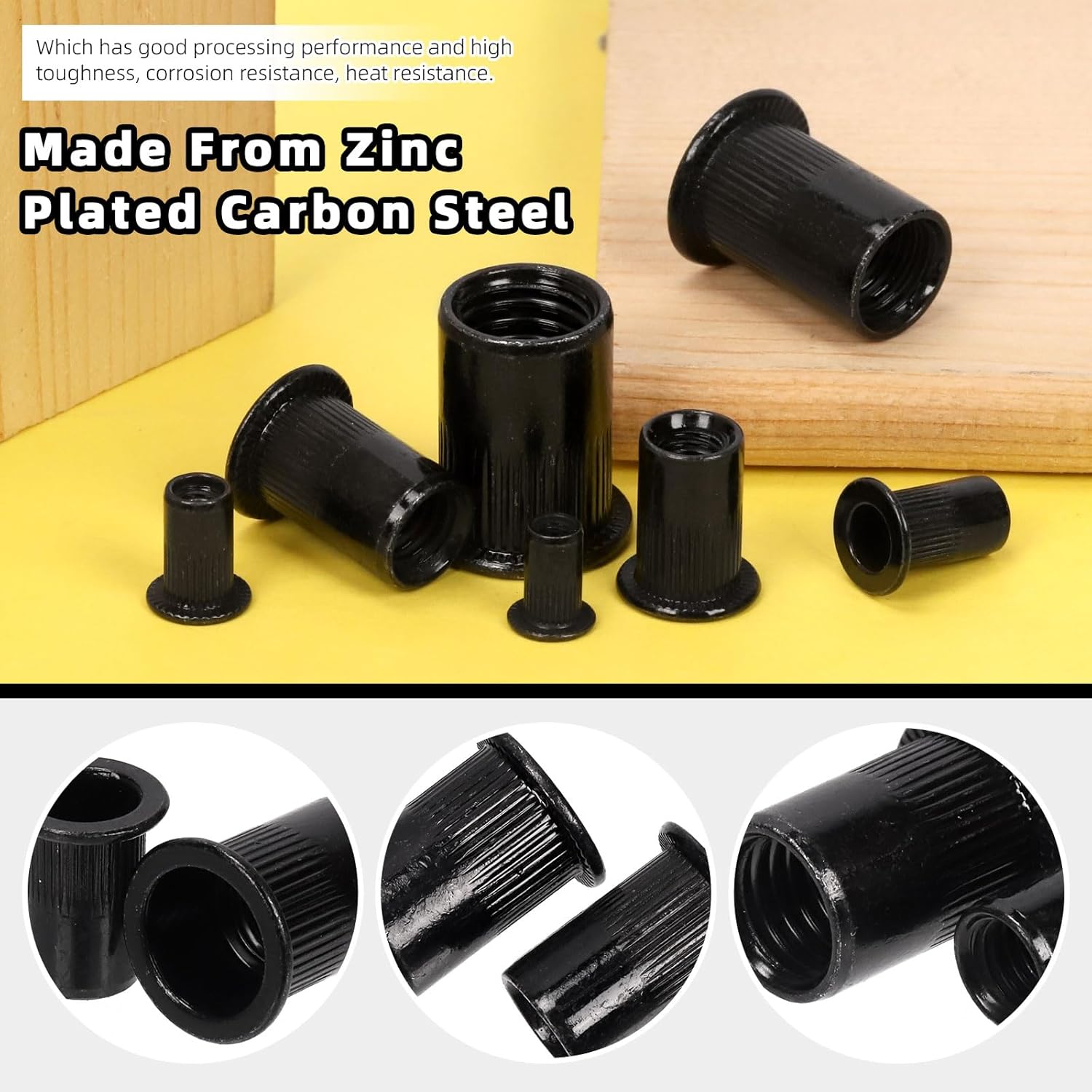 Hilitchi 100 tuercas de remache M3, tuerca roscada de acero al carbono galvanizado roscado tuerca de remache negro