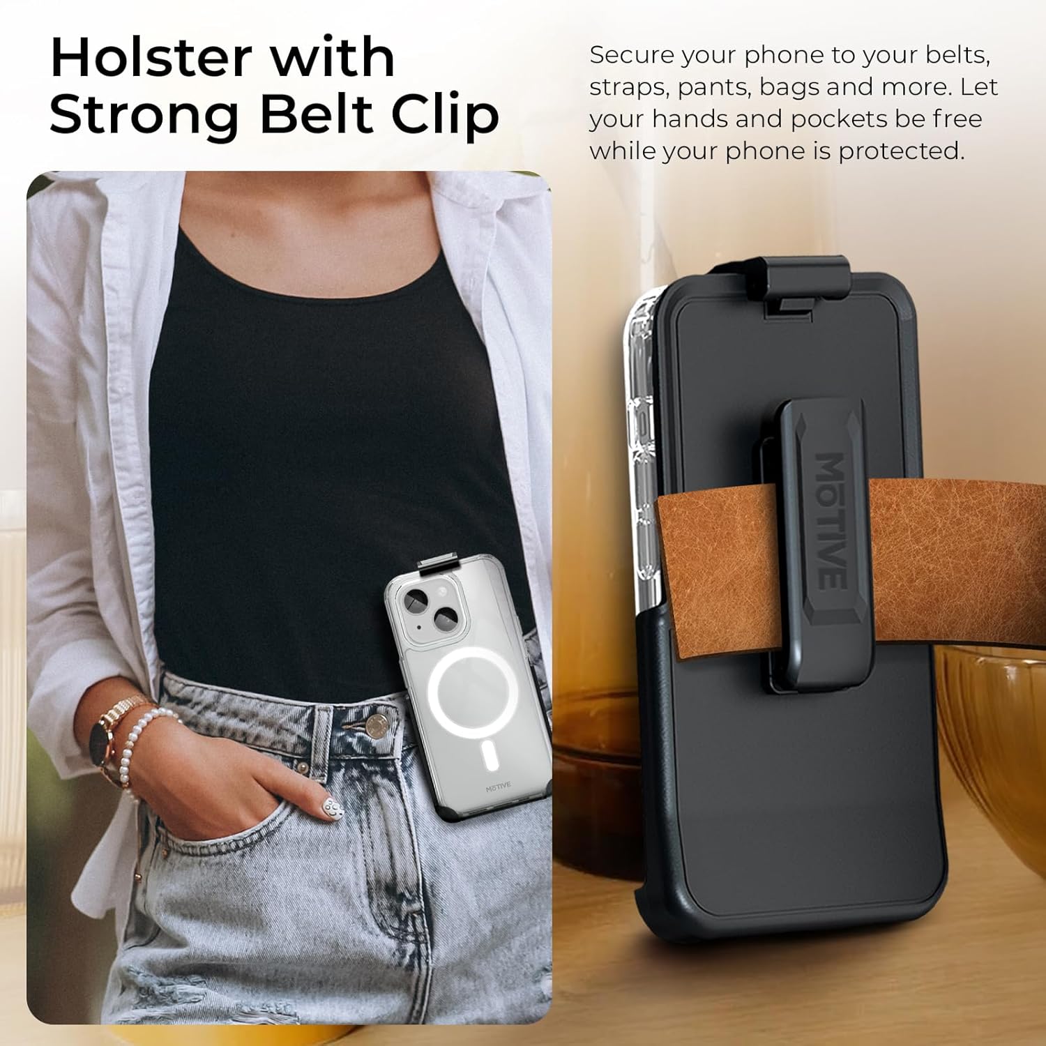 MOTIVE Funda magnética transparente para iPhone 15 con clip para cinturón, (diseñada para Magsafe), protección militar contra caídas, funda delgada